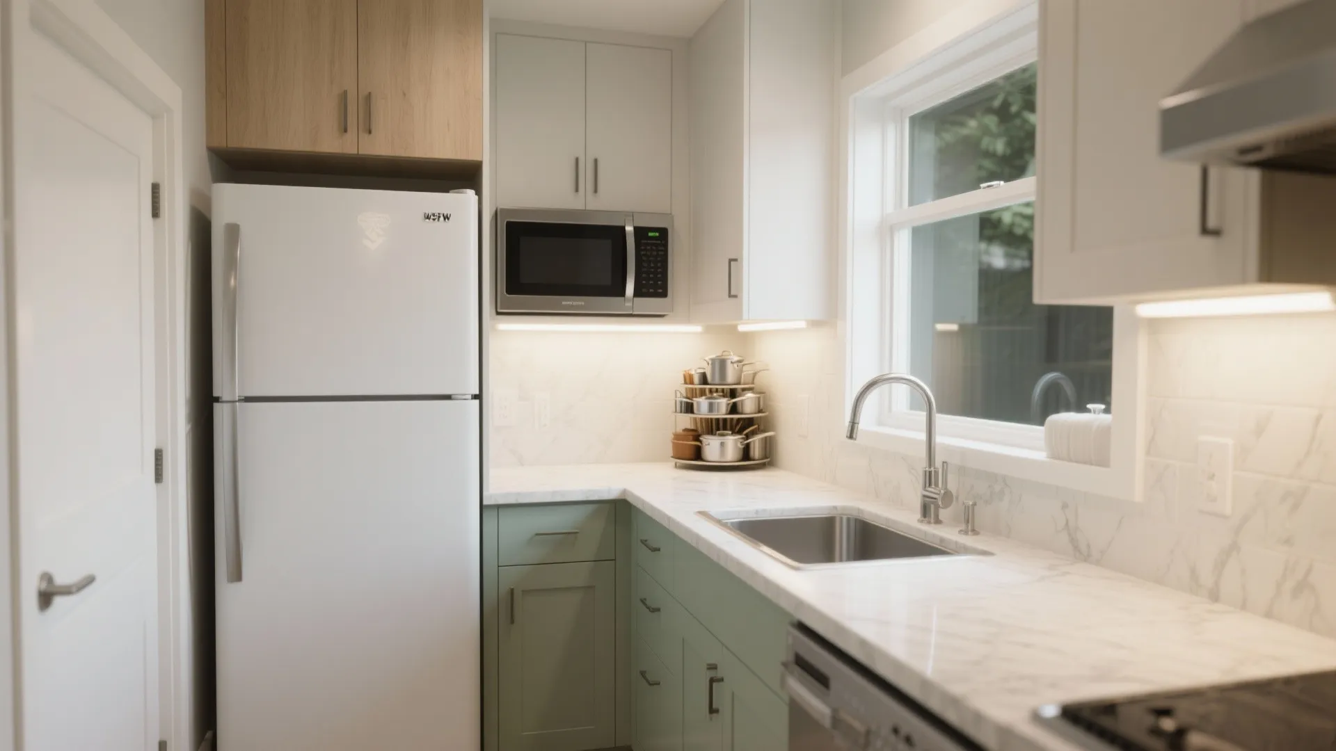 Modern small kitchen with white fridge green bottom cabinets marble countertop microwave and a large window