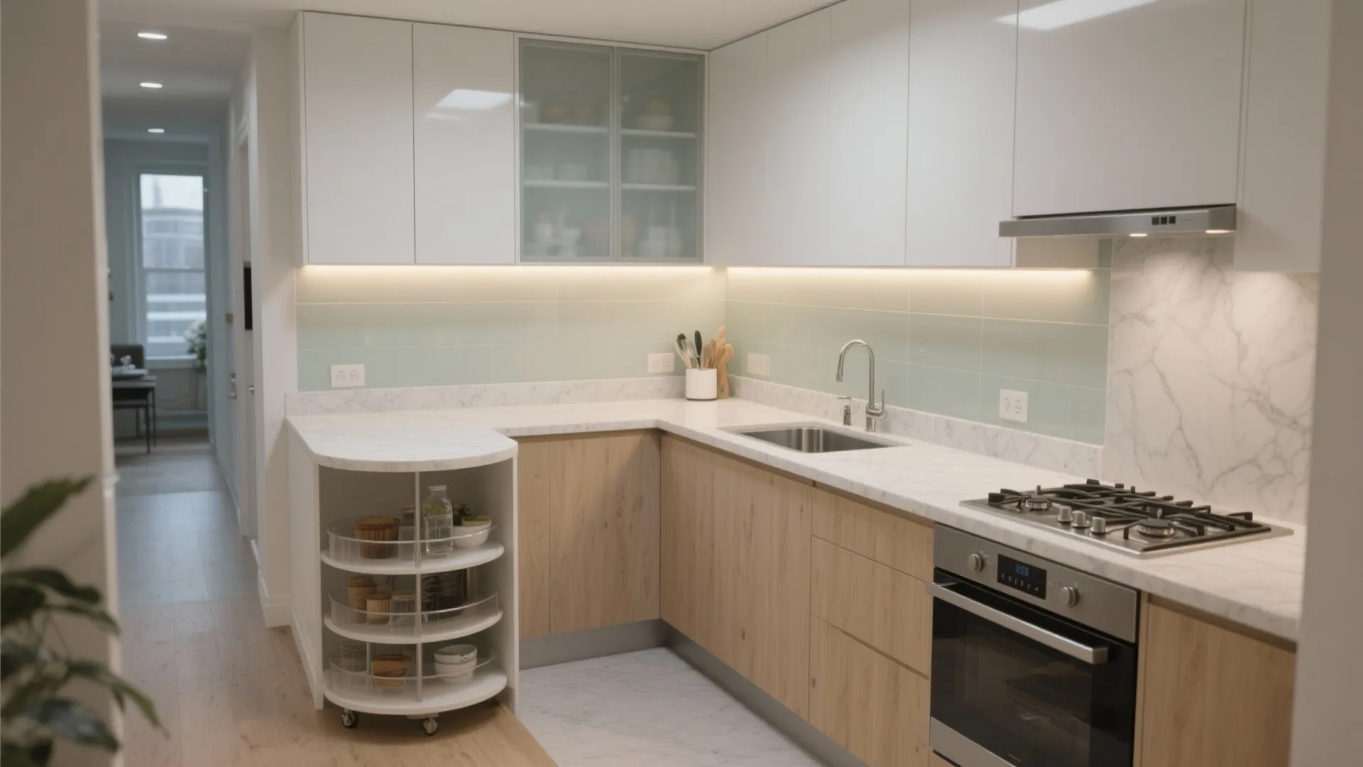 L-Shaped Kitchen + Subtle Glass Backsplash