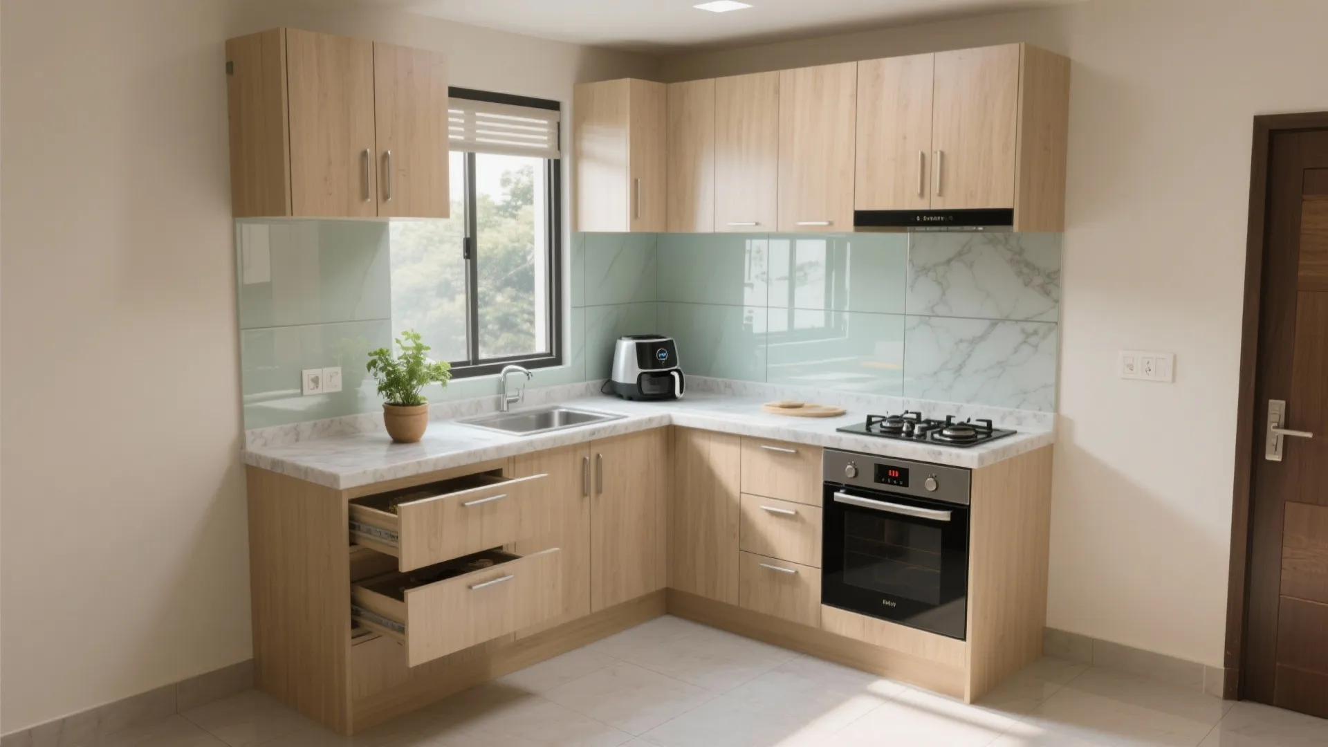 Bright L-shaped kitchen in a Pune 1 BHK with a lazy Susan corner, quartz counters, and a reflective glass backsplash.