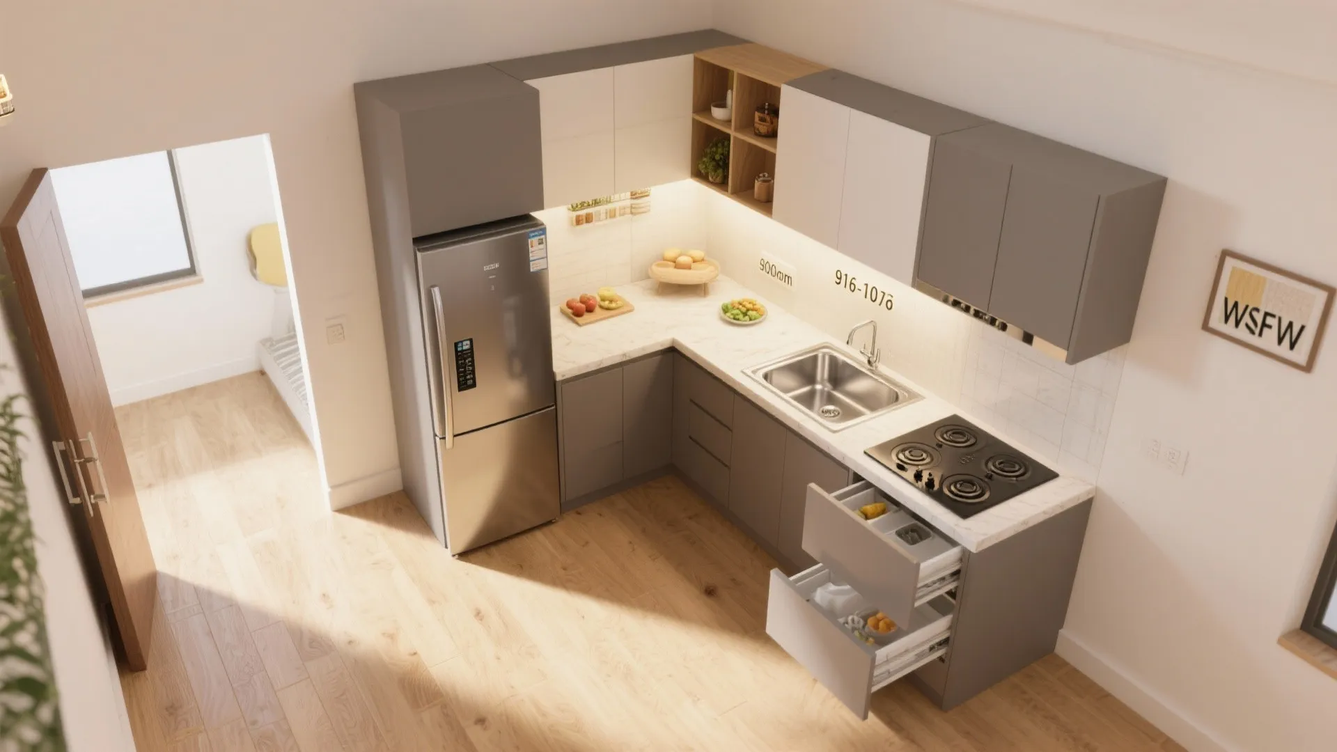 L-shaped micro kitchen layout for better flow