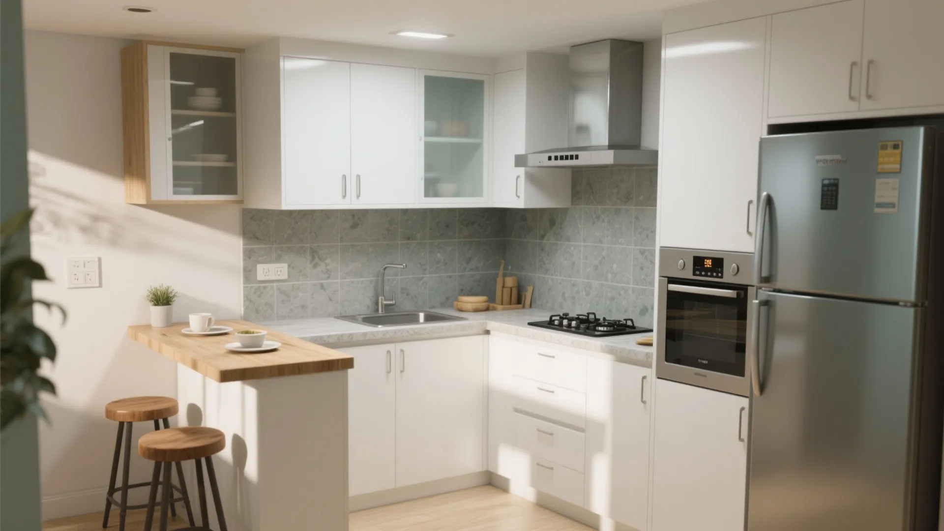 Modern white L-shaped kitchen with wooden breakfast bar stools marble tiles and stainless steel appliances
