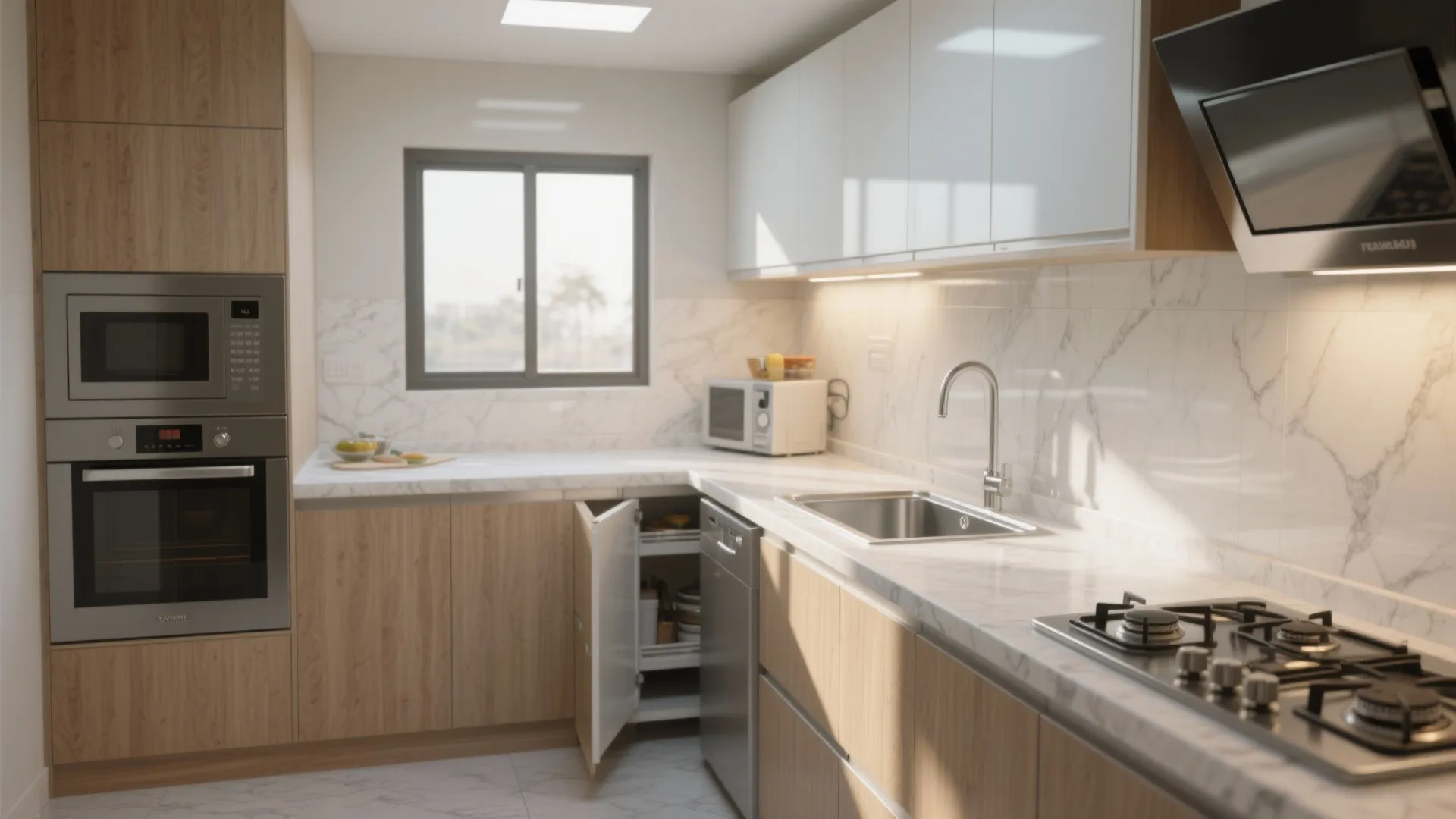 L-shaped kitchen flow for compact efficiency