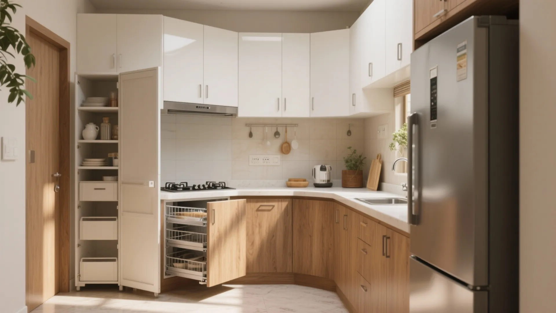 Smart L-shaped kitchen with tall pantry