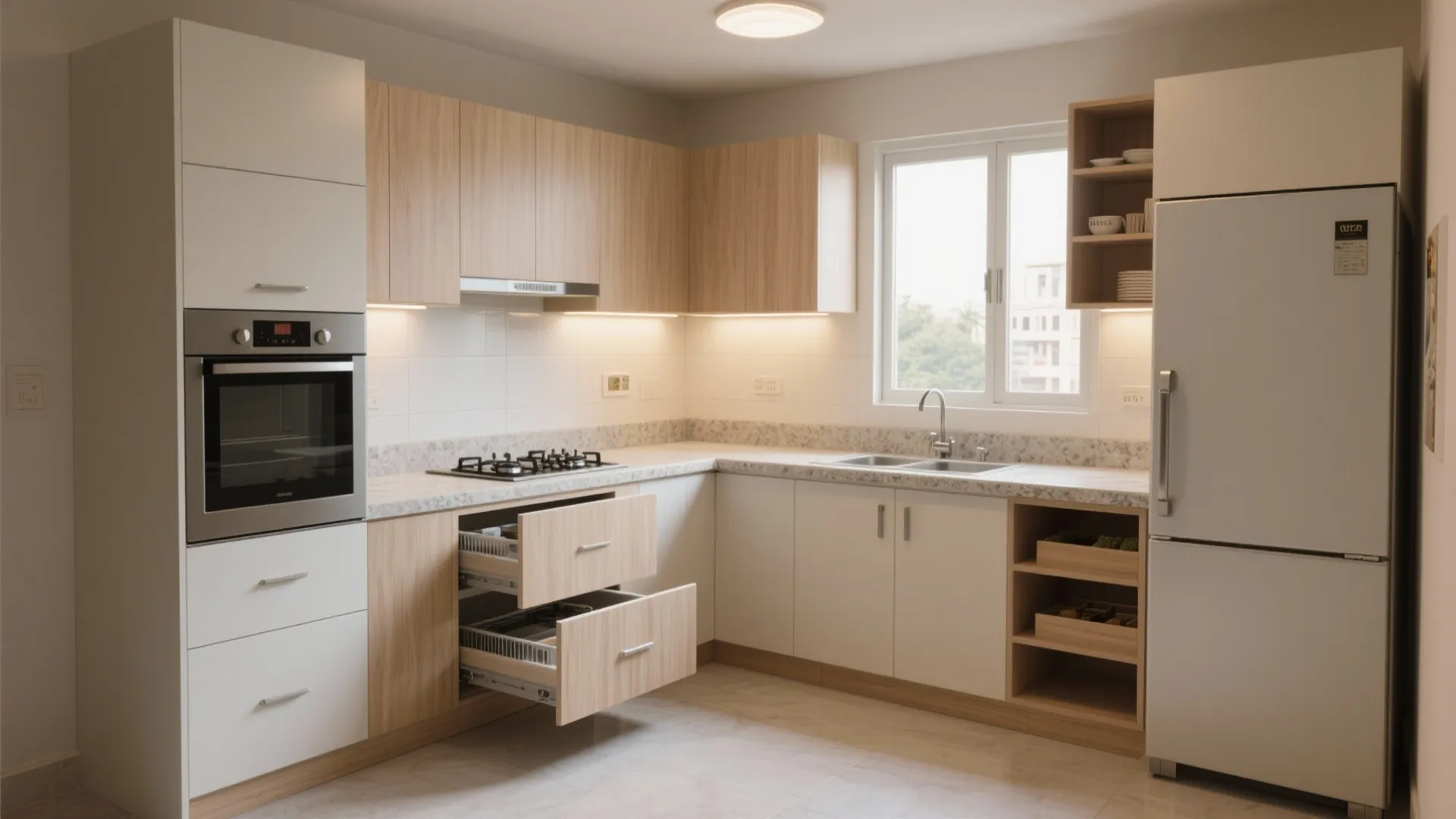 2) Modular Kitchen with L-Shape and Full-Height Pantry