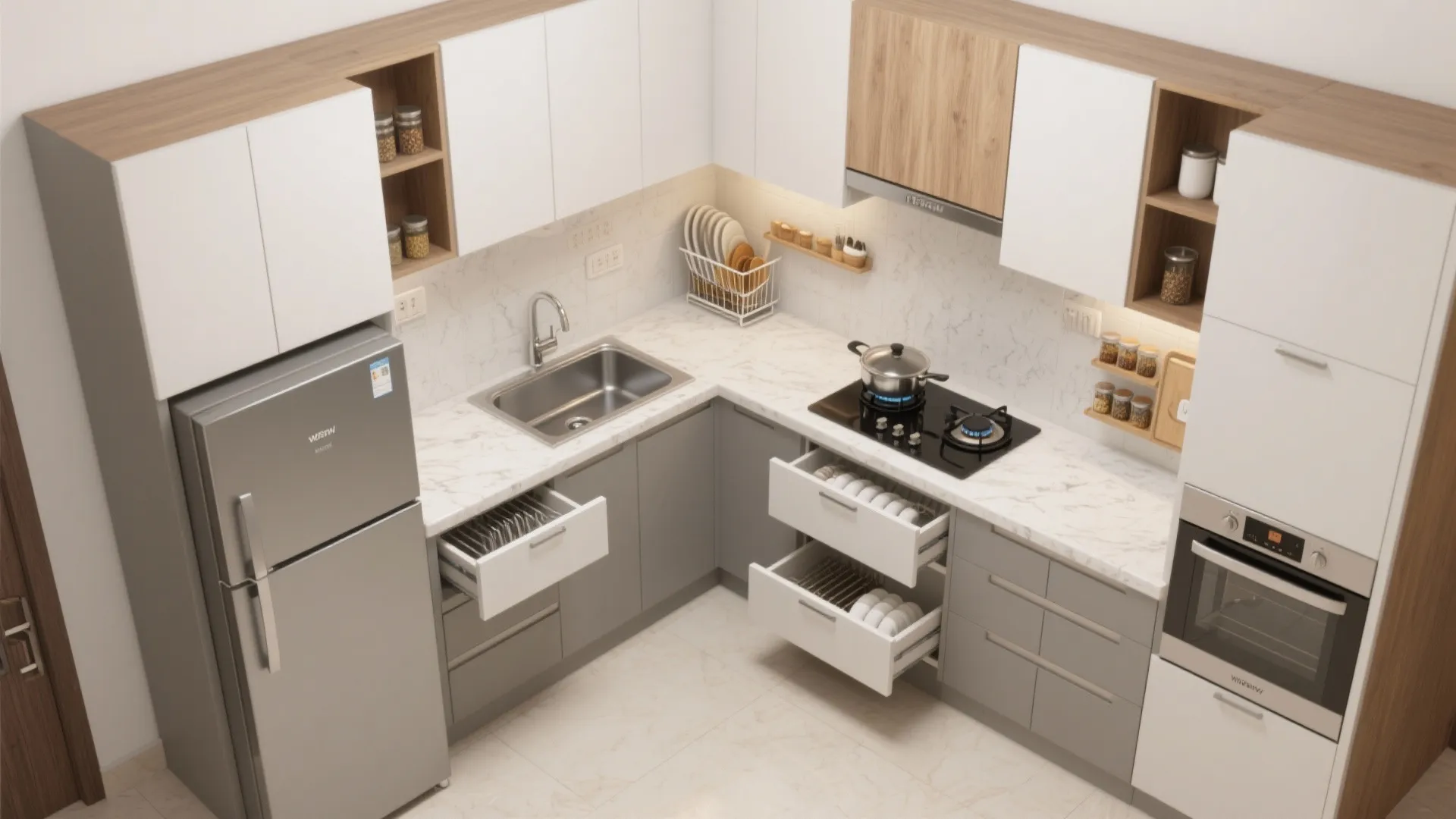 Compact L-shaped kitchens with a smart triangle