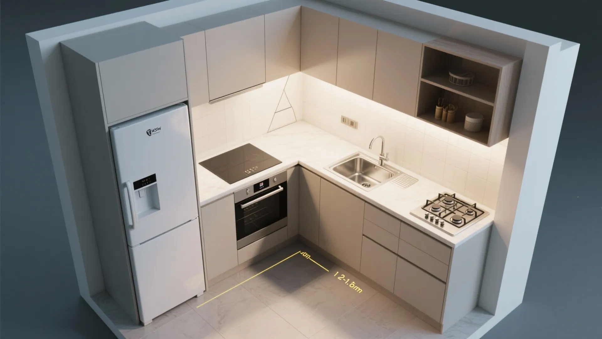 Compact L-shaped kitchen planning for flow