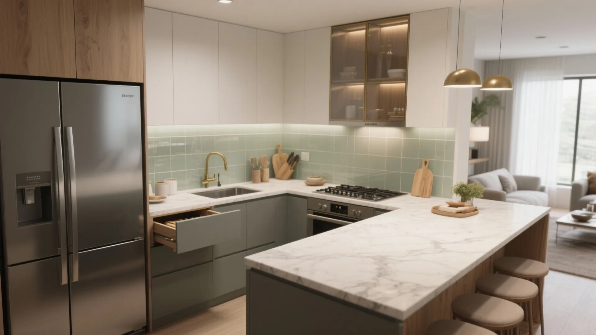 L-shaped kitchen layout in compact luxury homes