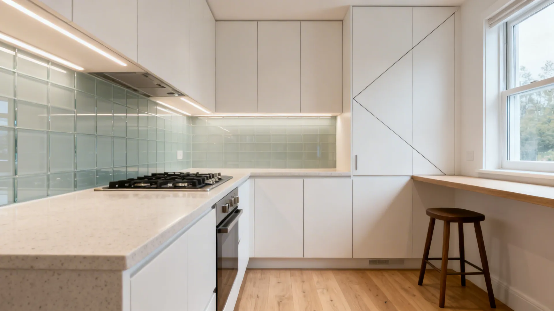 Compact L-shaped kitchen with uninterrupted prep run, corner solution, and a window-side breakfast perch.