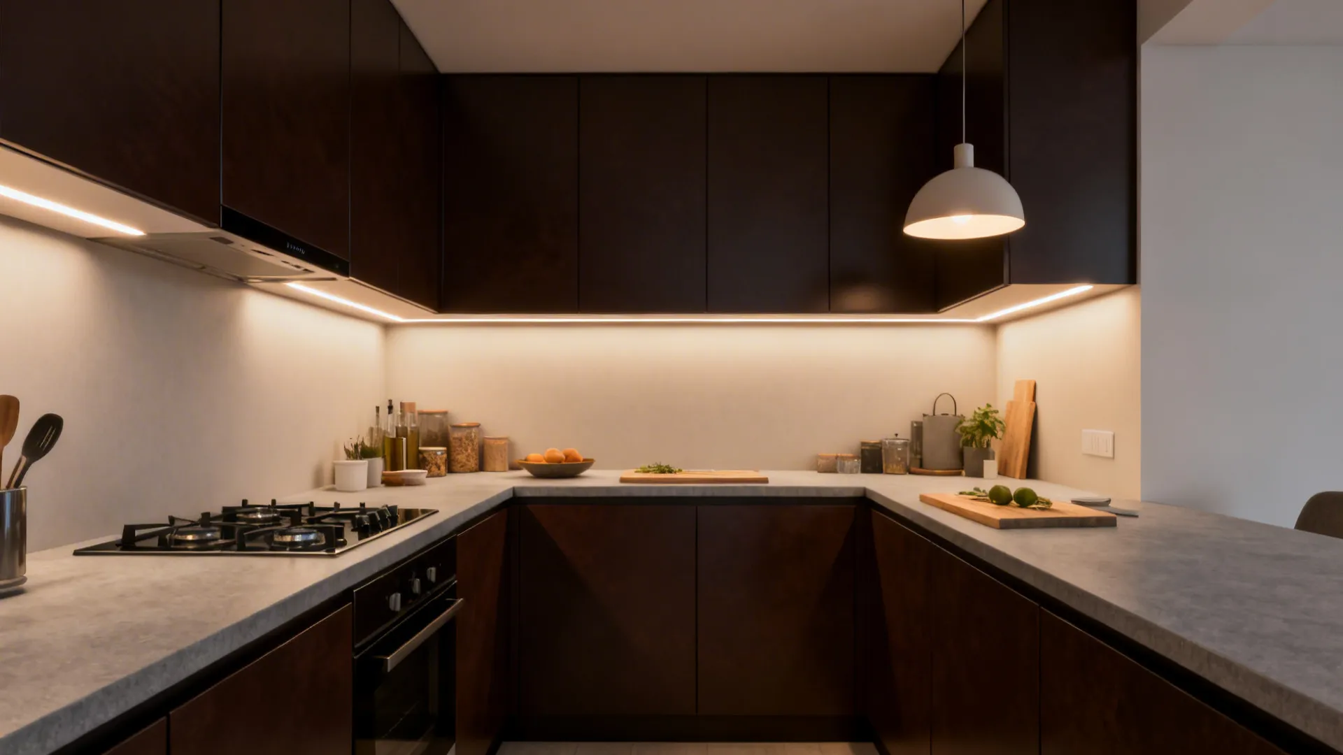 3) L-Shaped Layout with Layered Lighting