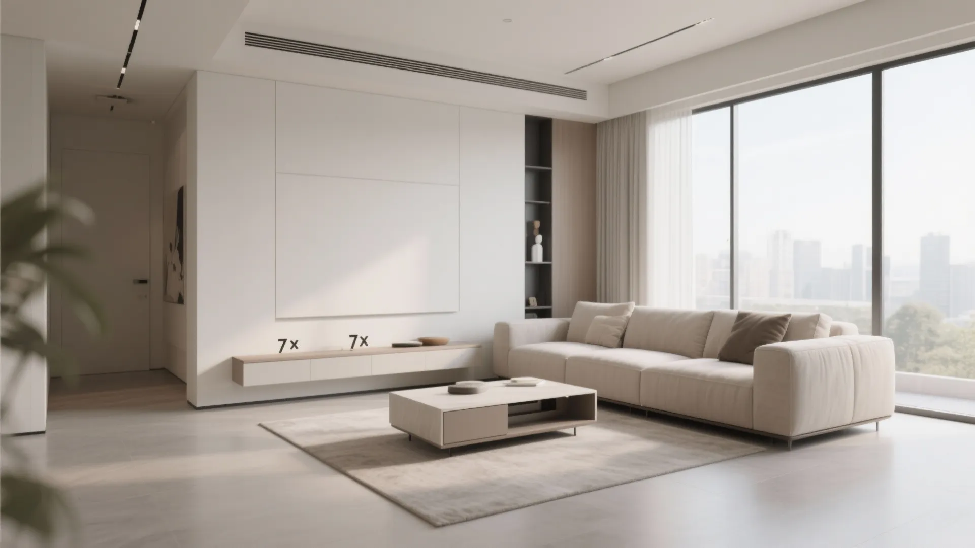 Spacious minimalist living room with a large L shaped sofa coffee table and large glass windows