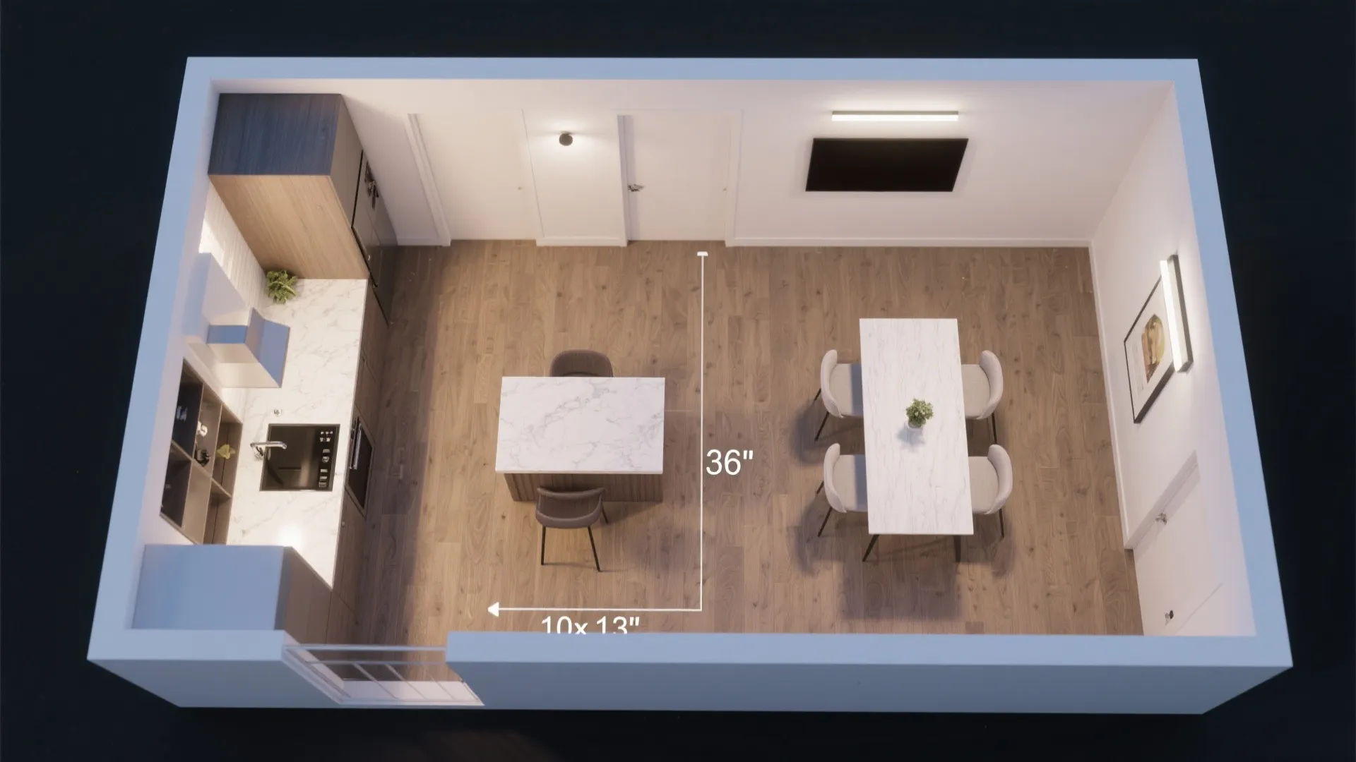 3D interior design drawing of kitchen and dining room layout with measurements and white furniture
