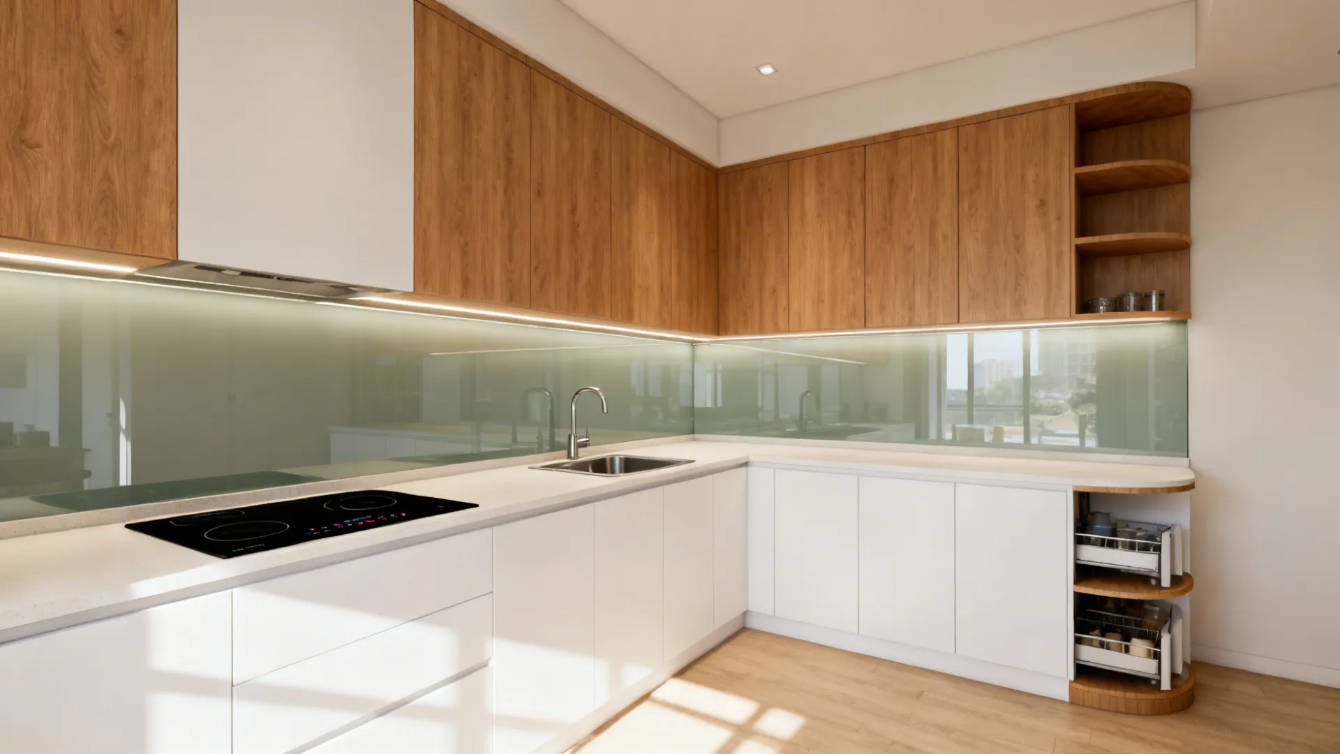 L-shaped compact HDB kitchen with continuous counters and corner storage.