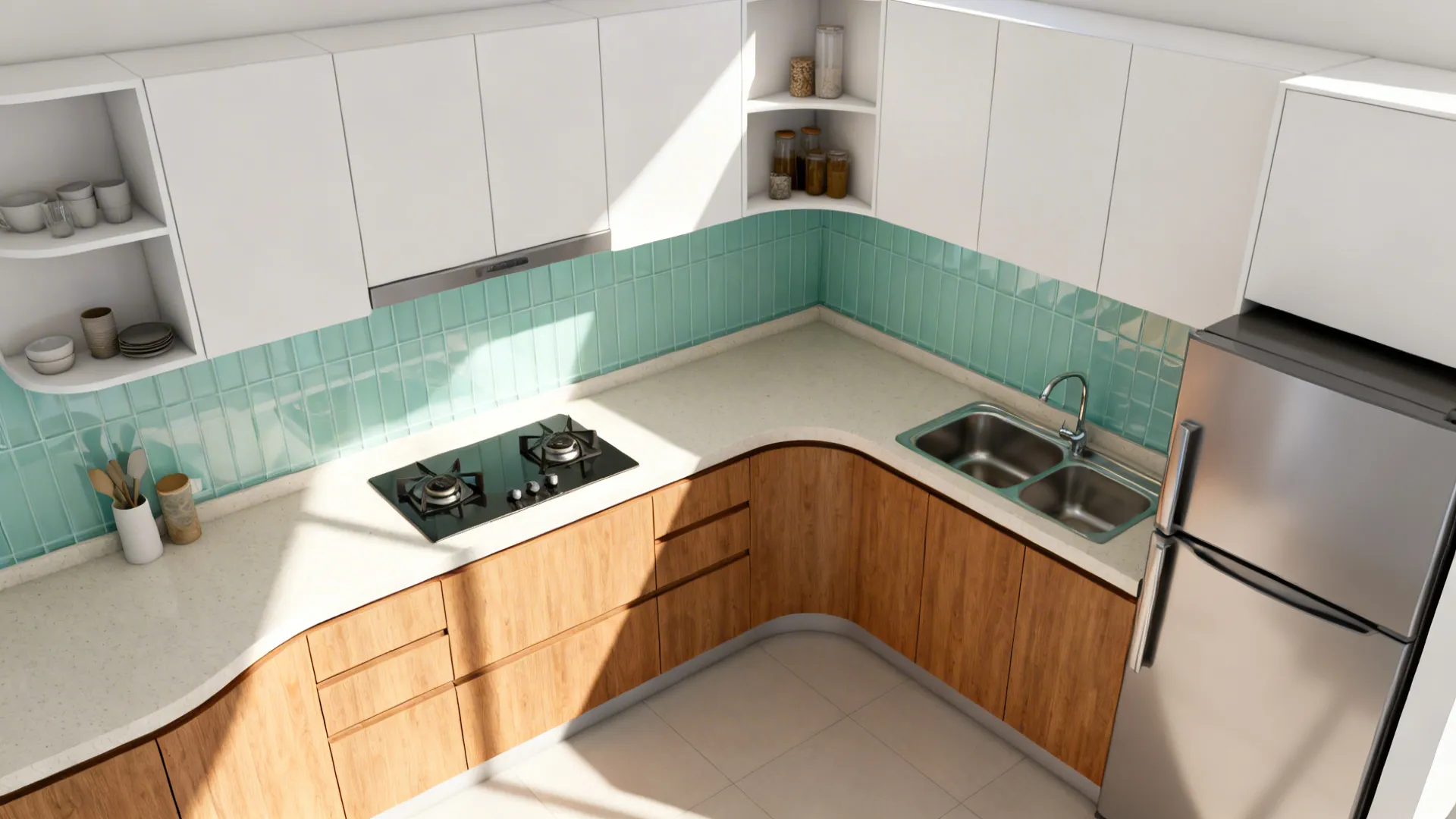 Top-down view of an L-shaped HDB kitchen with efficient work triangle and corner carousel storage.