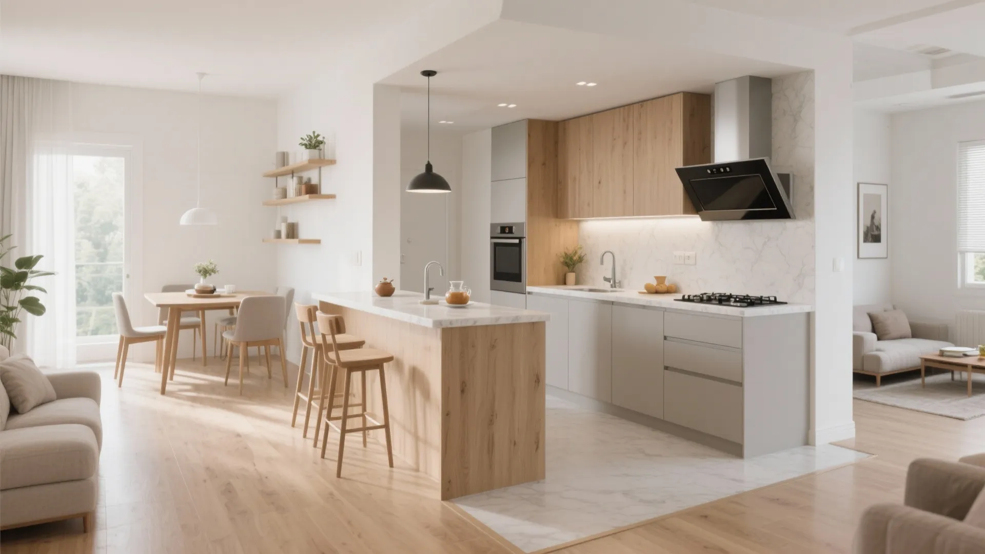 Open, L-shaped Living–Dining–Kitchen Flow