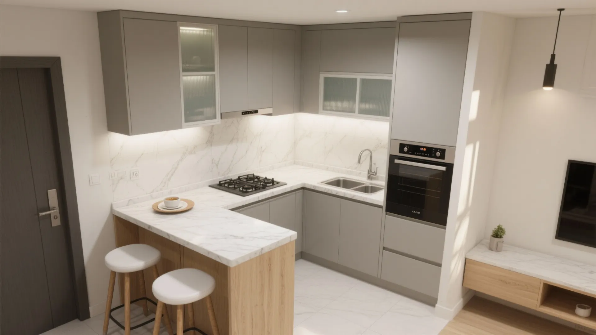 Compact L-shaped kitchen with a breakfast ledge