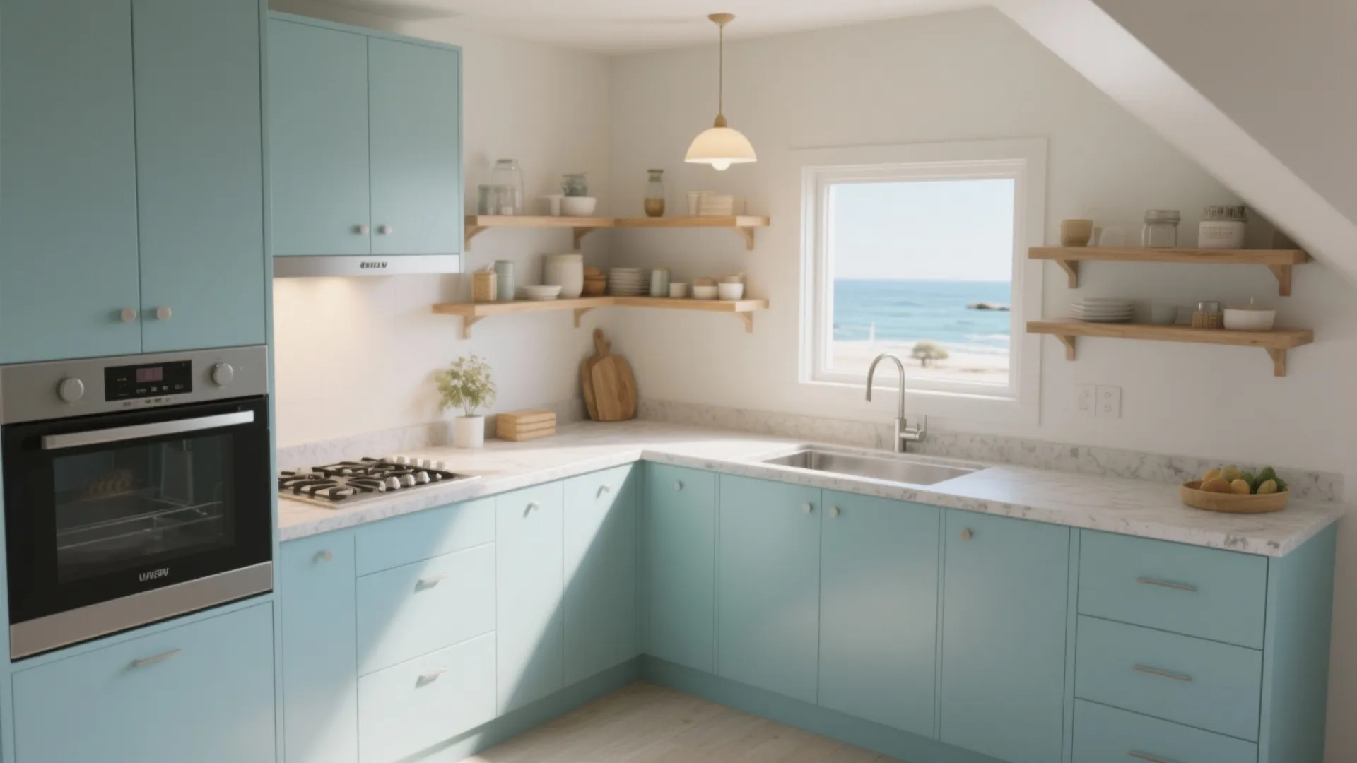 L-shaped kitchen with pale blue cabinets, open shelving and an uninterrupted prep zone.