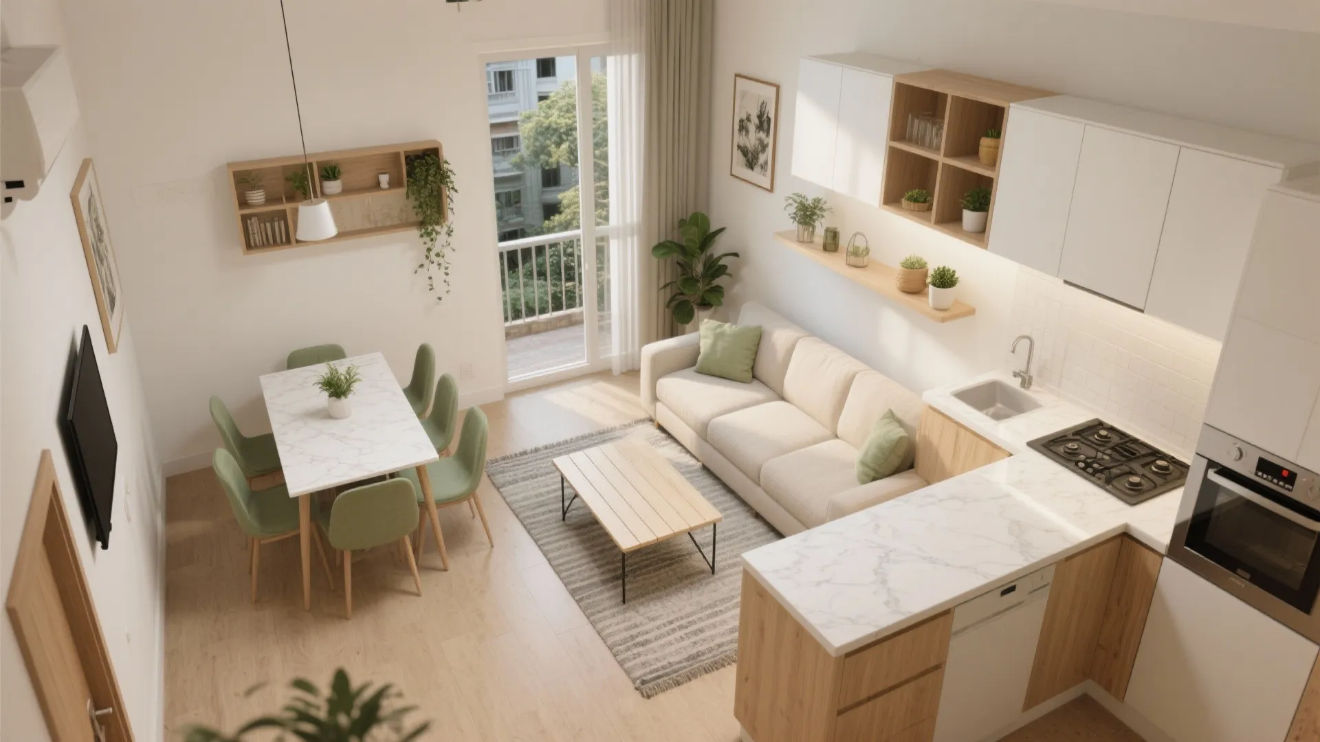 Multi-functional L-shaped living-dining-kitchen zone