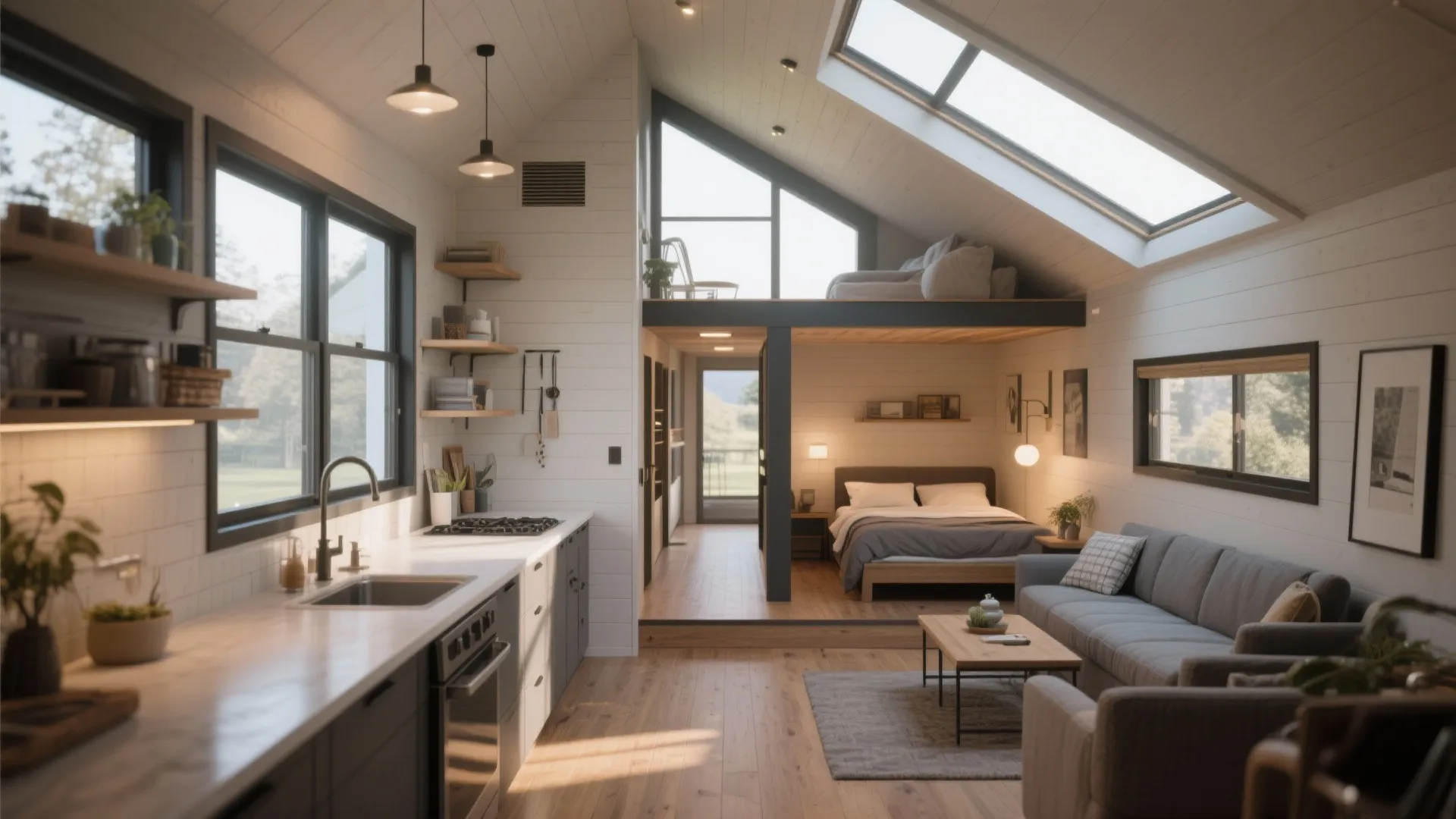 Small open living space with grey sofa kitchen counter bedroom nook and large roof windows