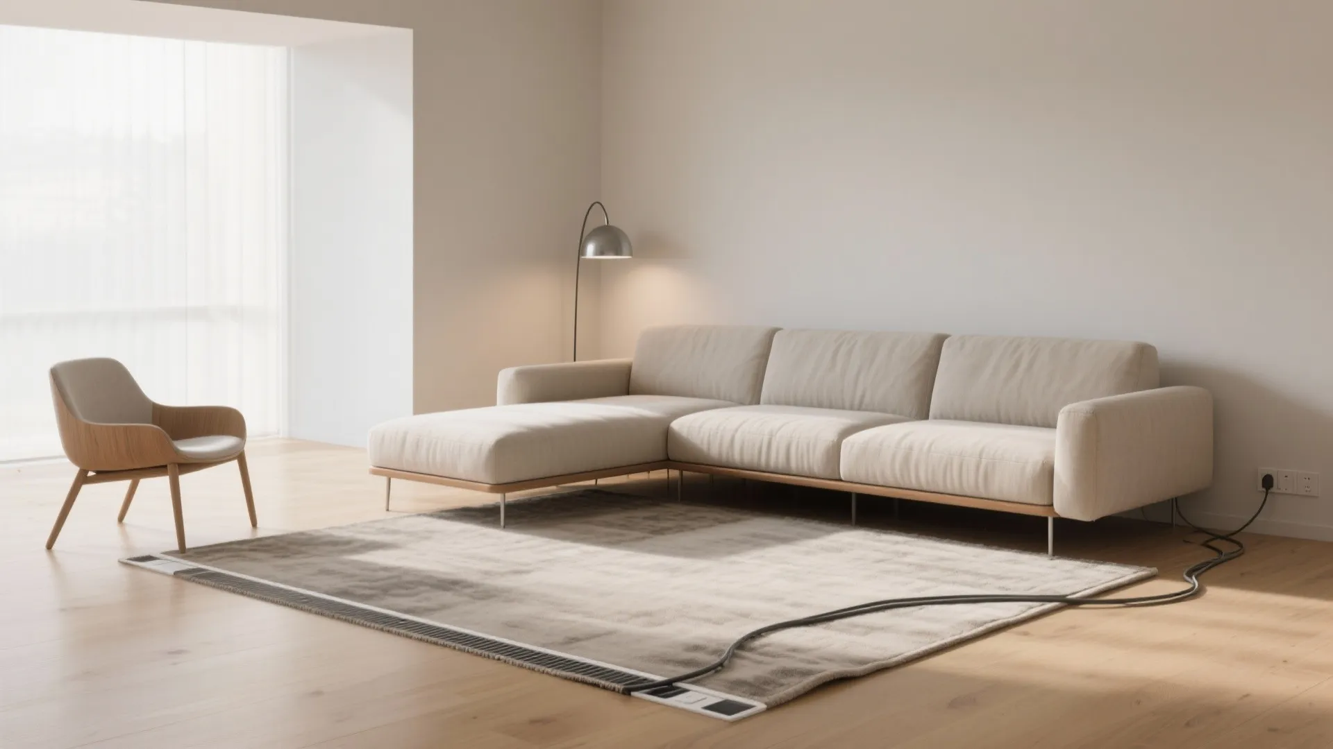 Large beige corner sofa in minimalist living room with grey rug floor lamp and chair
