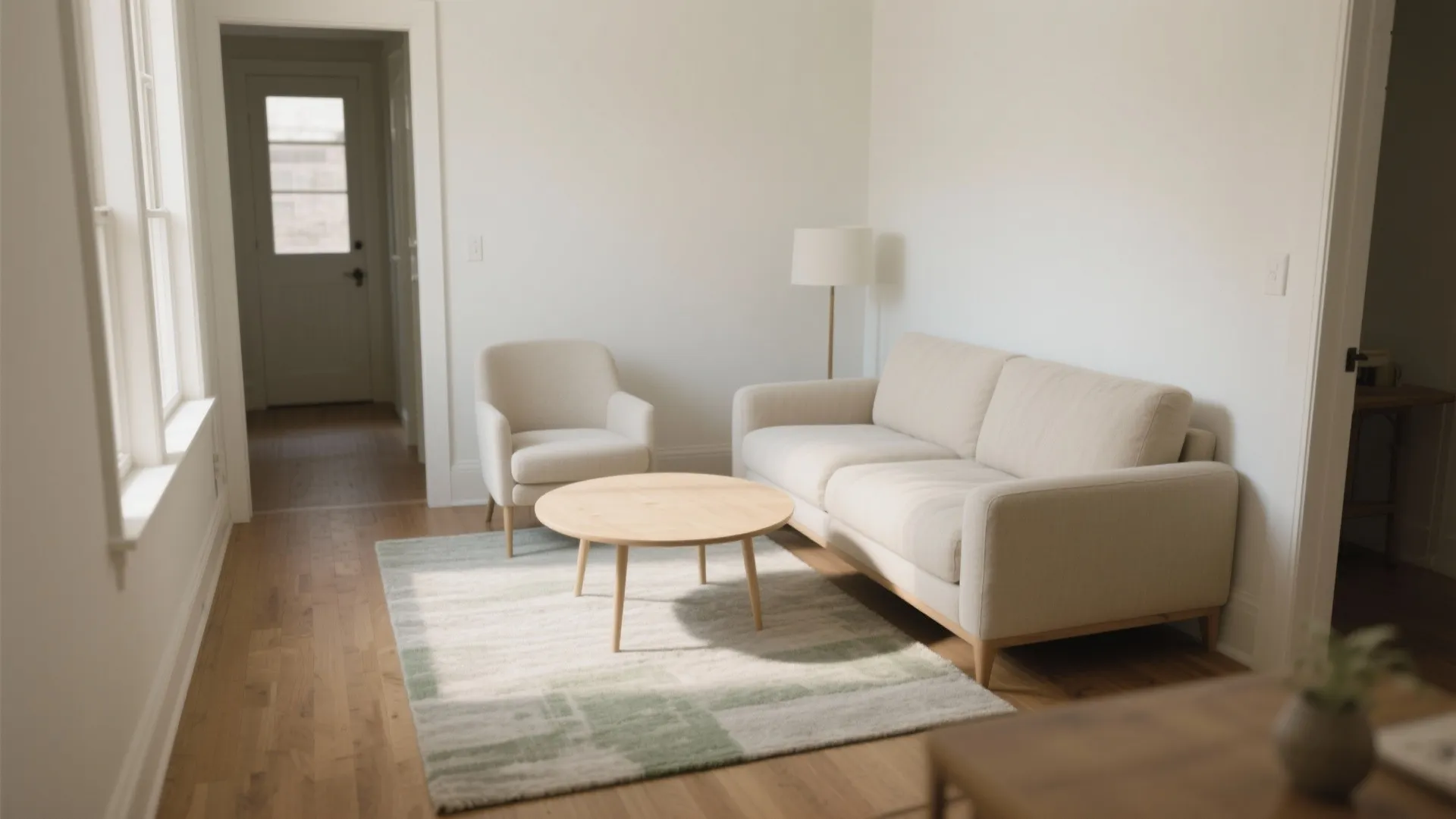 Minimalist living room area with beige sofa wooden coffee table floor lamp and light flooring