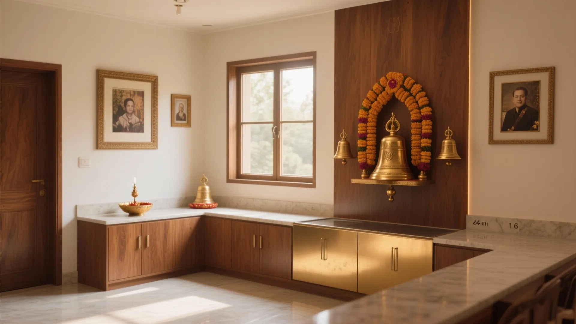 Corner Pooja Unit With L-Shaped Layout