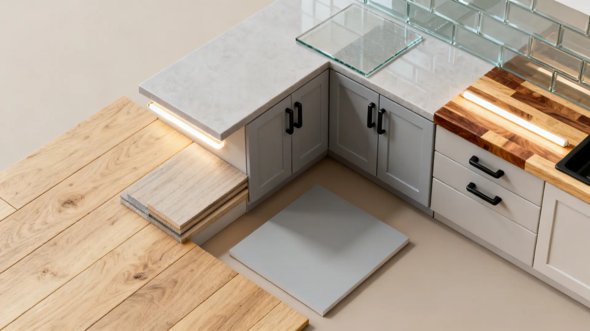 Flat lay with pale oak floor, satin gray cabinet finish, glass backsplash, butcher block, and matte black hardware.