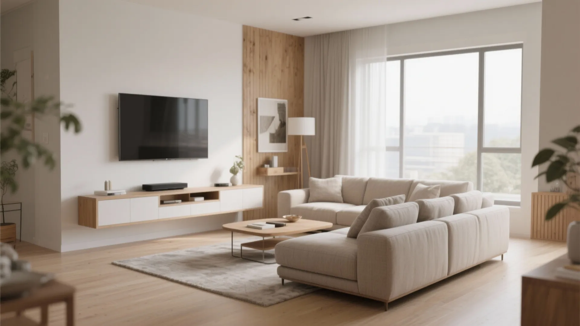 Modern living room with wall mounted television wooden cabinet beige sofa rug and large bright windows