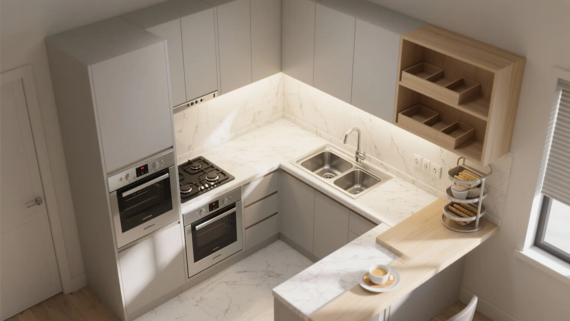 L-shaped micro-kitchen that frees up the counter