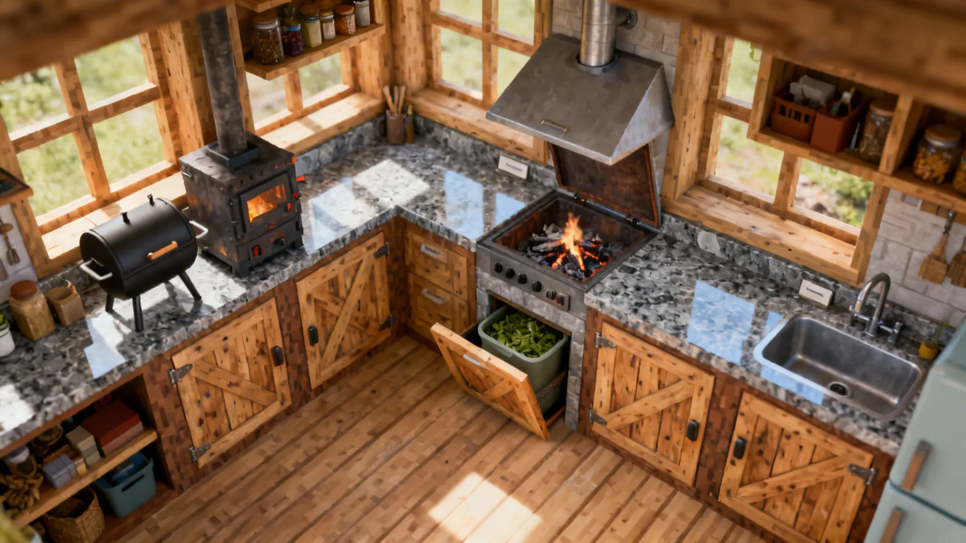 L-shaped micro kitchen with smoker, crafting, and storage arranged in a tight work triangle.