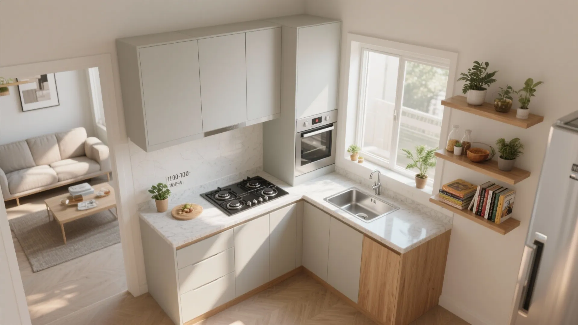 An L-Shaped Micro-Kitchen That Opens to the Living Room