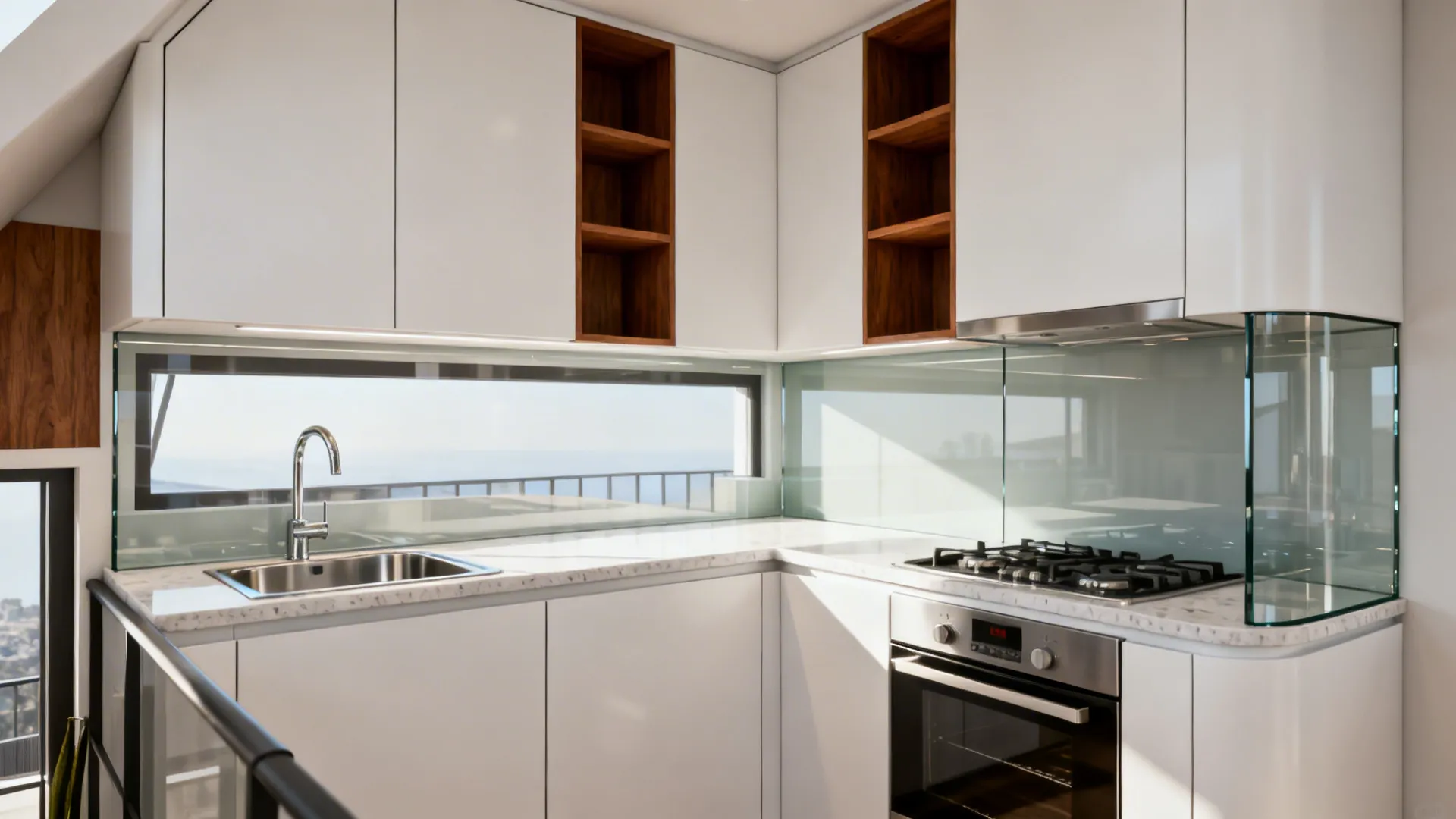 Compact L-shaped kitchen with sink and cooktop on perpendicular runs and a clear prep zone.