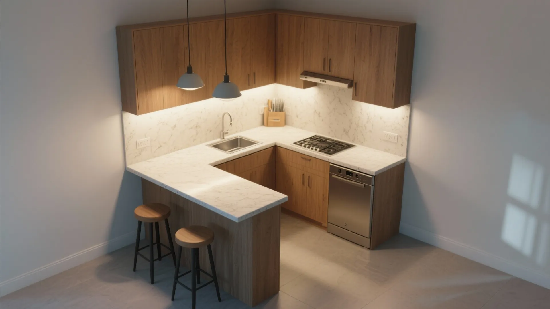 3. L-shape with a mini peninsula for seating