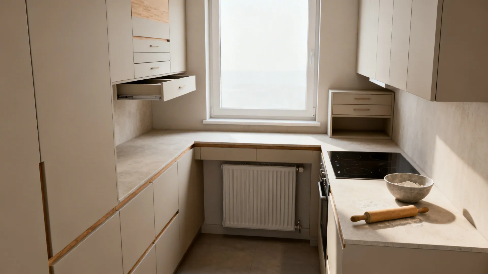 L-shaped tiny kitchen with two counter heights and efficient storage near the corner.