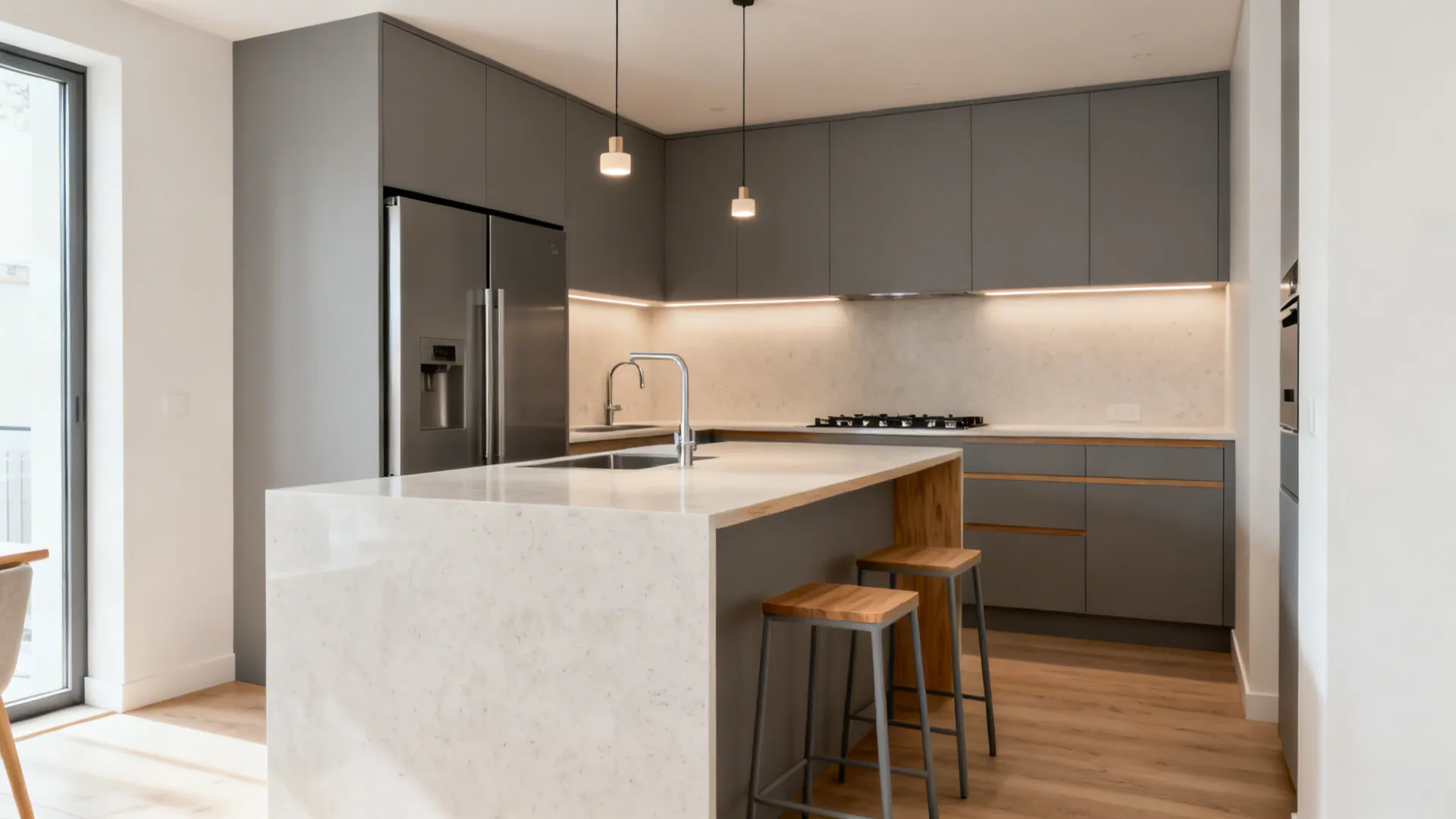 Compact L-shaped kitchen with a narrow island, clear aisles, and counter-depth appliances.