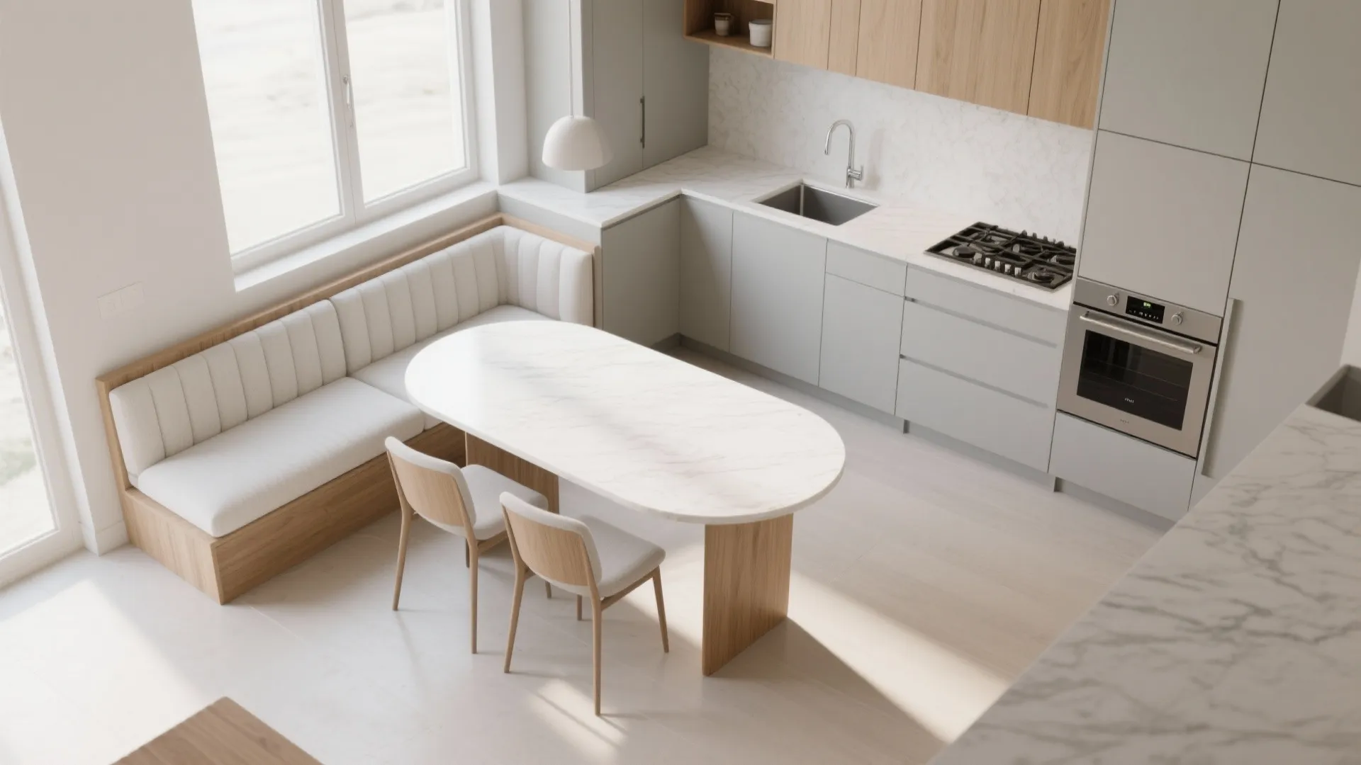 An L-shaped kitchen with a tucked dining nook