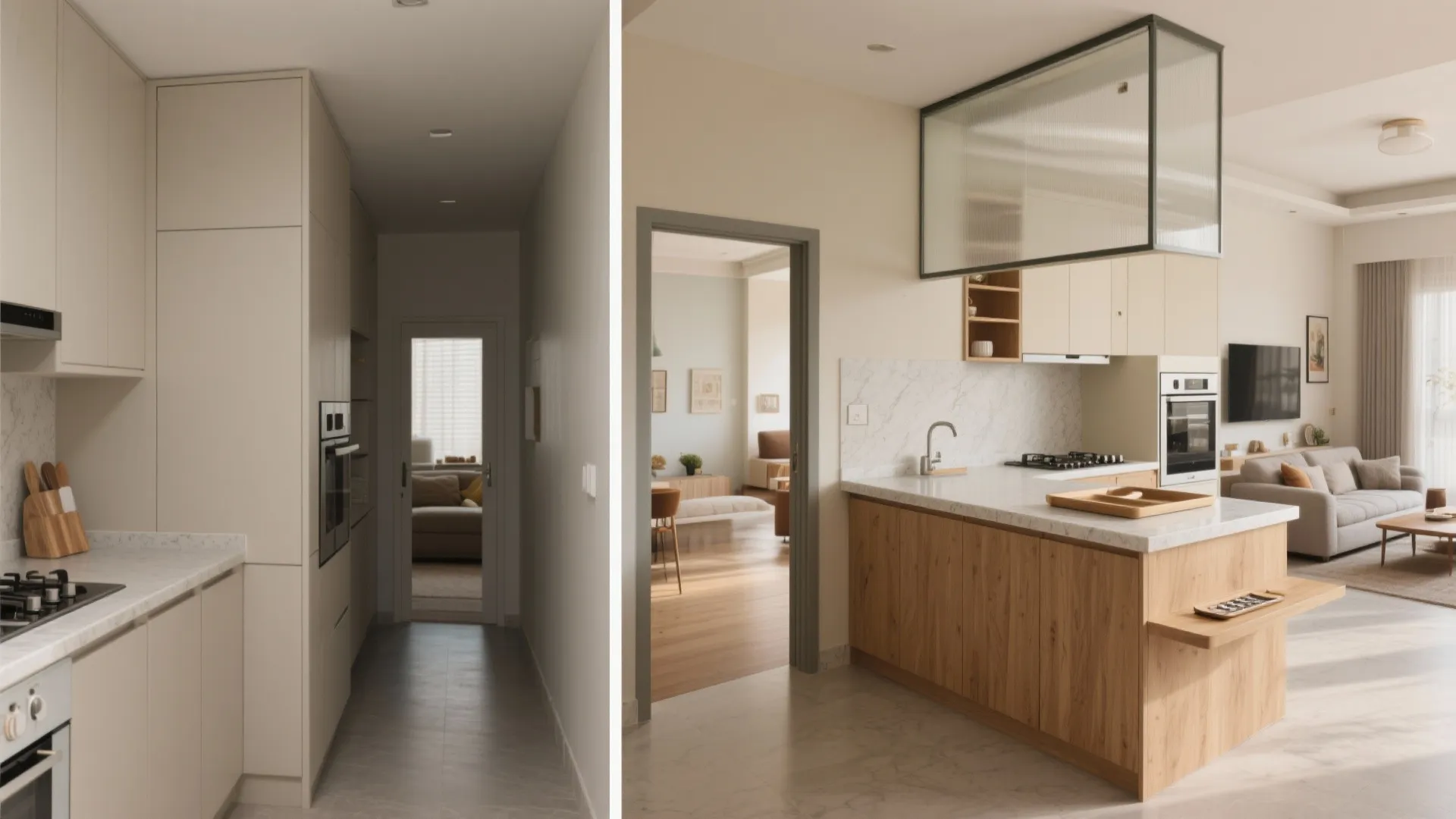 An L-shaped small kitchen that opens to the living room