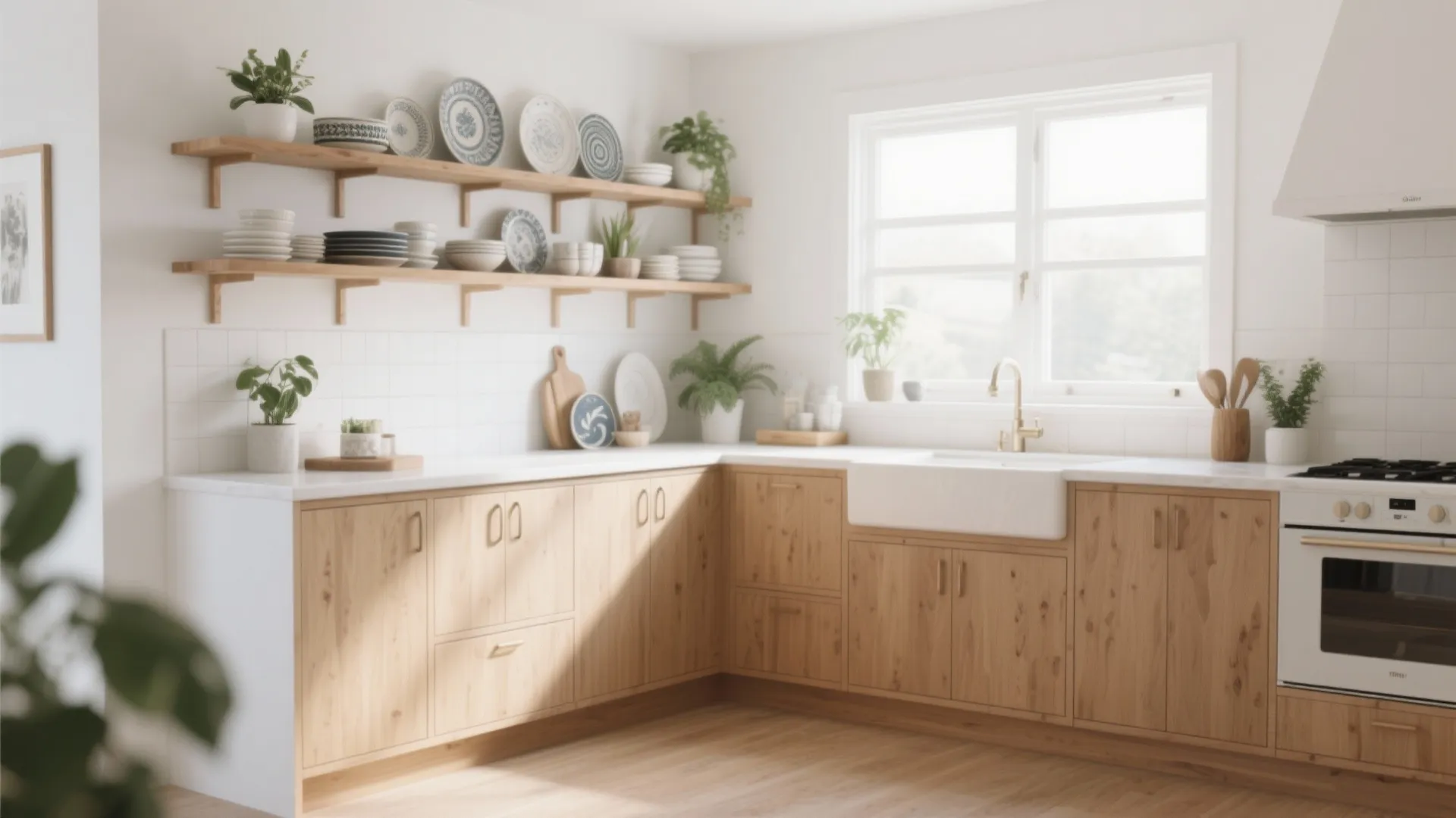 L-shaped kitchen featuring light wood cabinets white countertops and open wooden shelves displaying ceramic plates