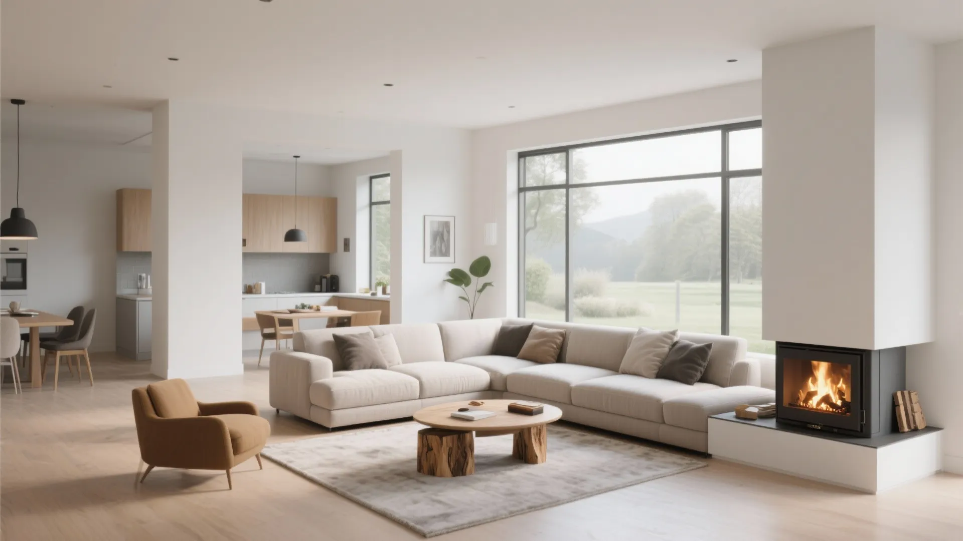 Modern open plan living room with white walls large windows beige sofa and small fireplace