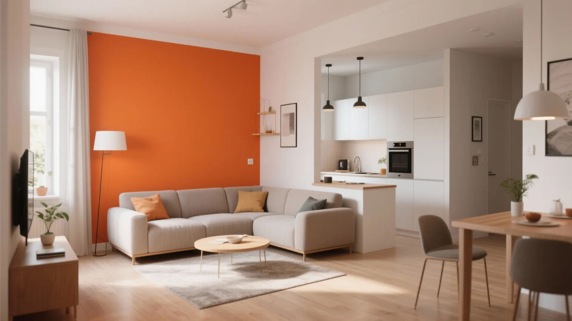 Modern open plan living area with bright orange wall grey sofa and white kitchen cabinets