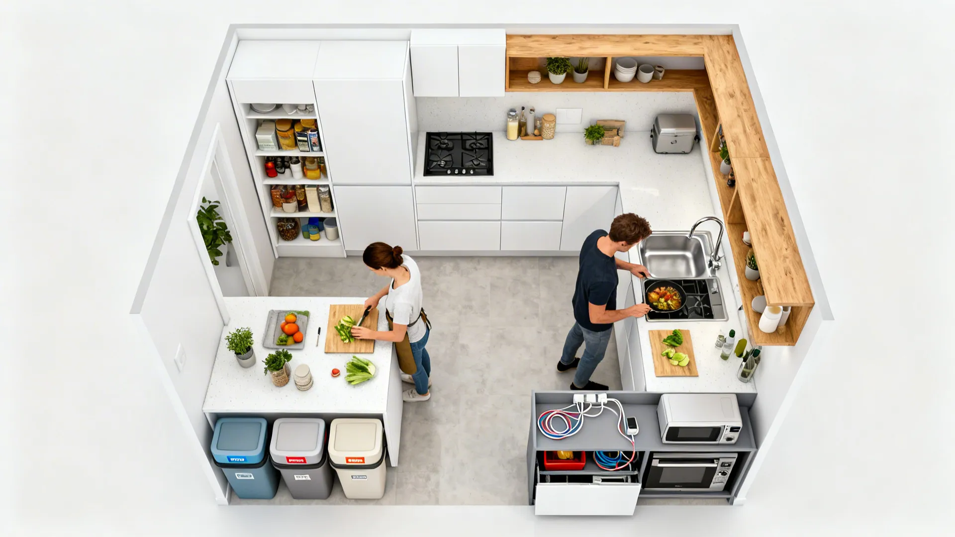 L-shaped core kitchen, store room as overflow station