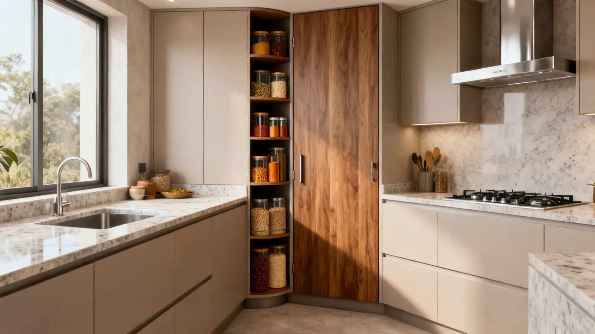 Compact L-shaped Indian kitchen with a tall pantry tower maximizing storage.