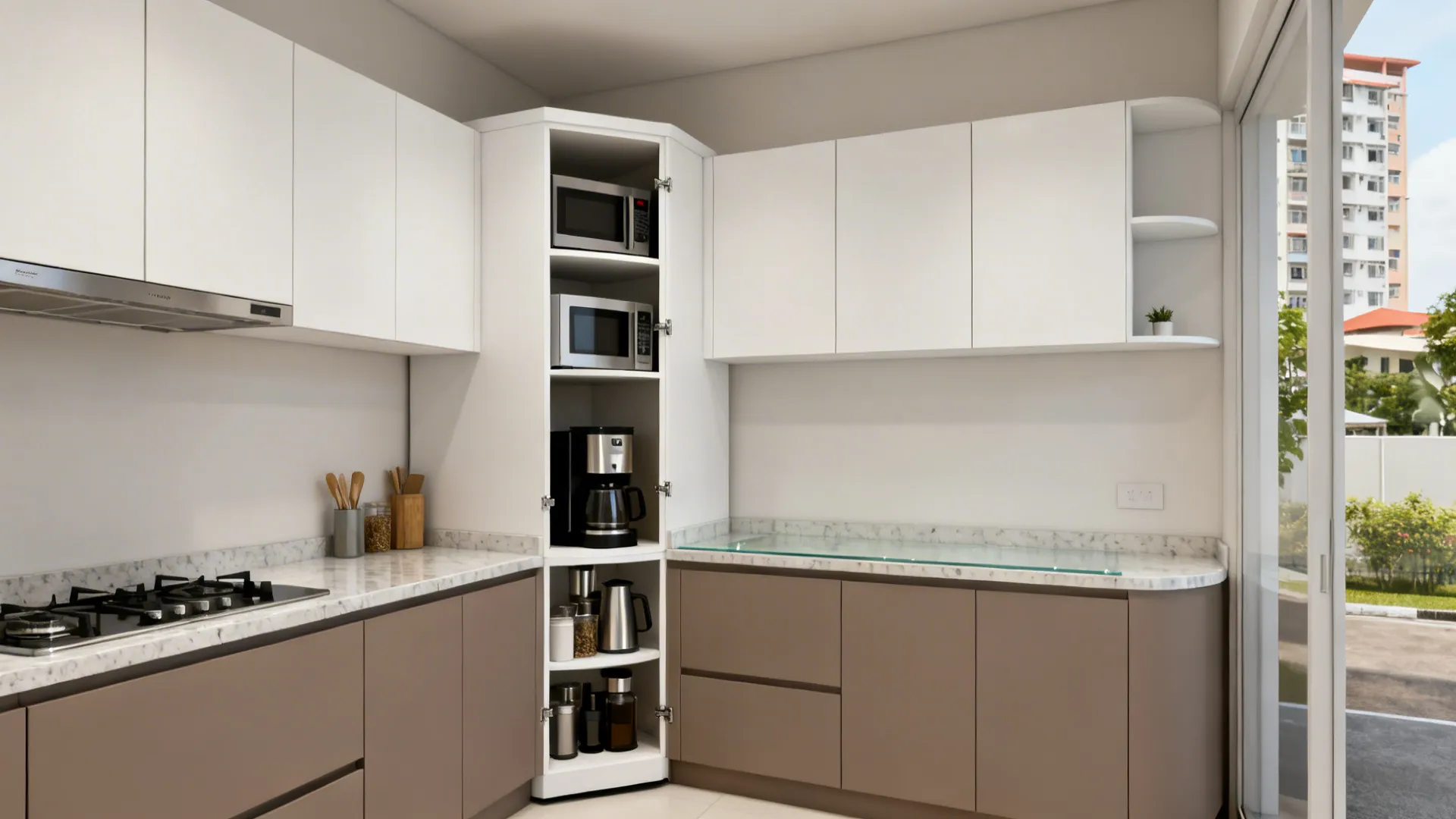Compact L-shaped kitchen with a tall pantry tower and clear counters for prep.