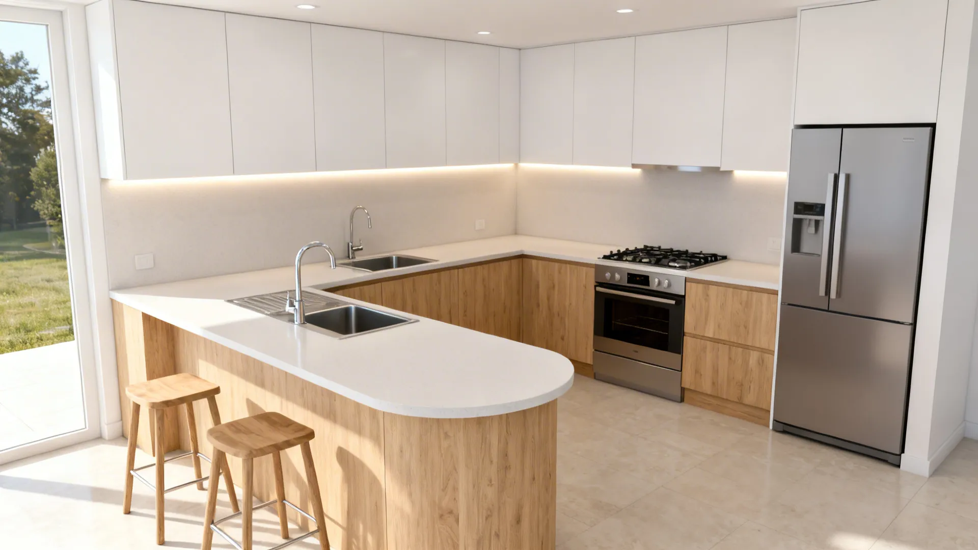 L-shaped 10x7 kitchen with a slim prep peninsula and clear circulation space.