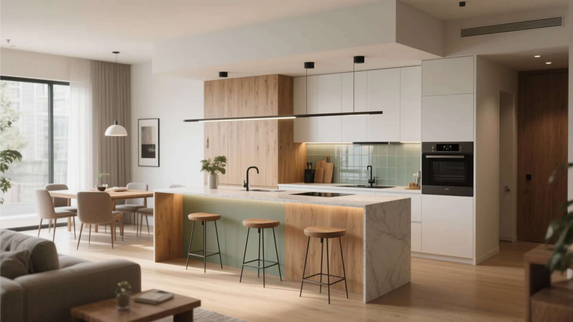 L-shaped kitchen with a pocket peninsula to frame the living