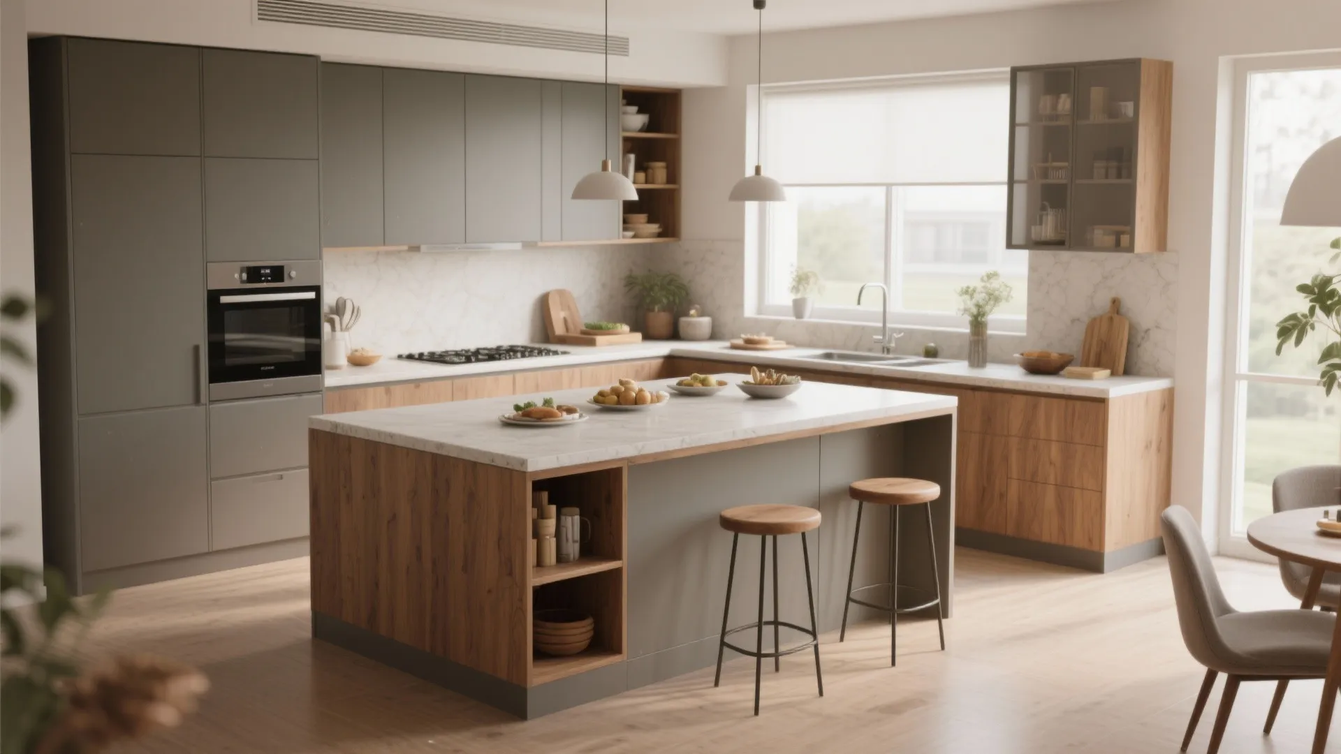 2. L-shaped with a multifunctional peninsula