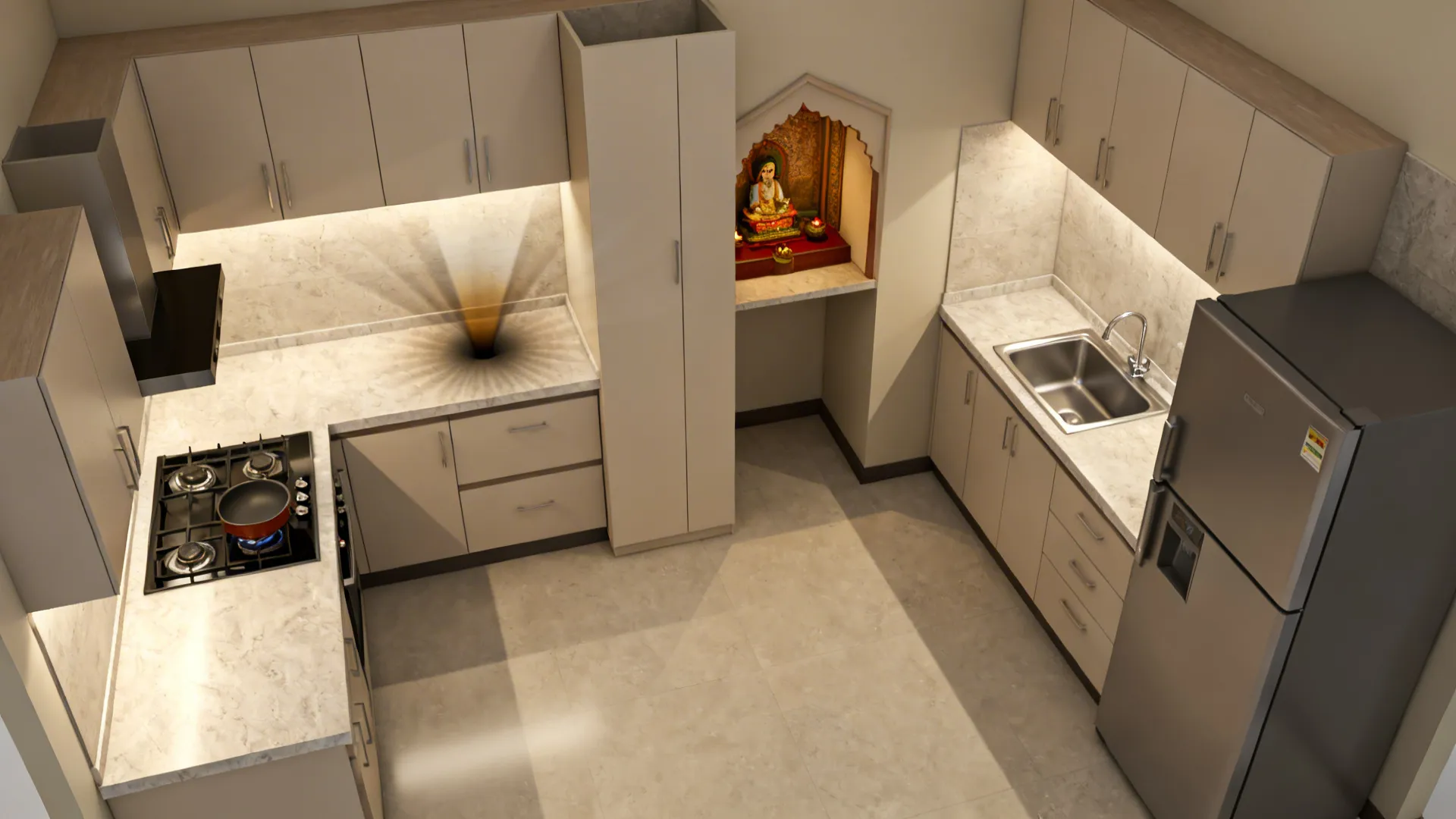 Top-down L-shaped kitchen plan showing a tall-unit buffer and adjacent pooja alcove.