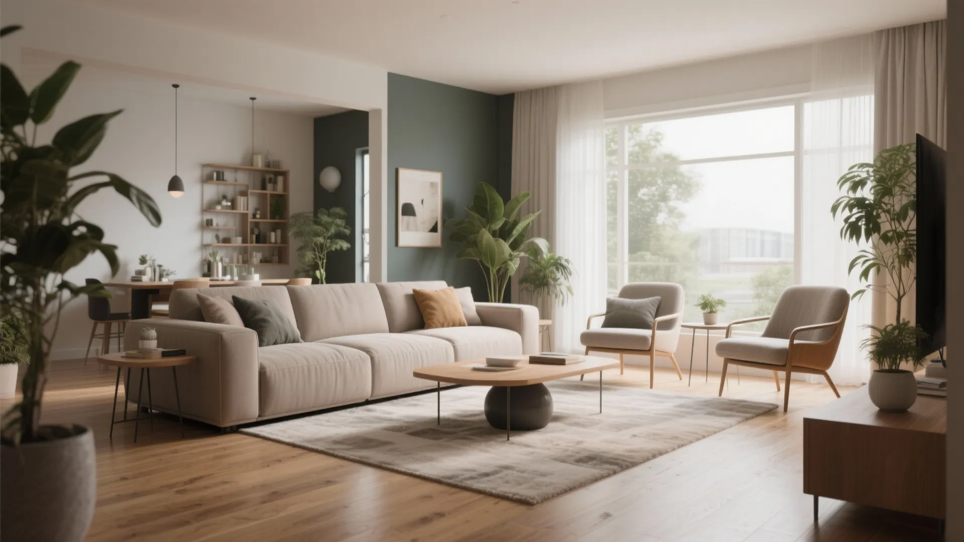 L-shaped sectional with two accent chairs in neutral tones