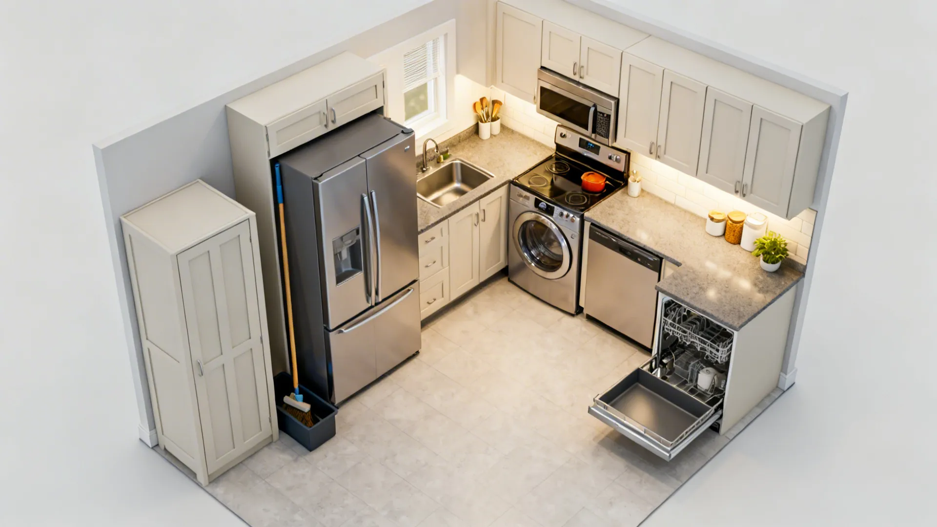 Top-down L-shaped kitchen plan with a pocket utility zone near the fridge wall.