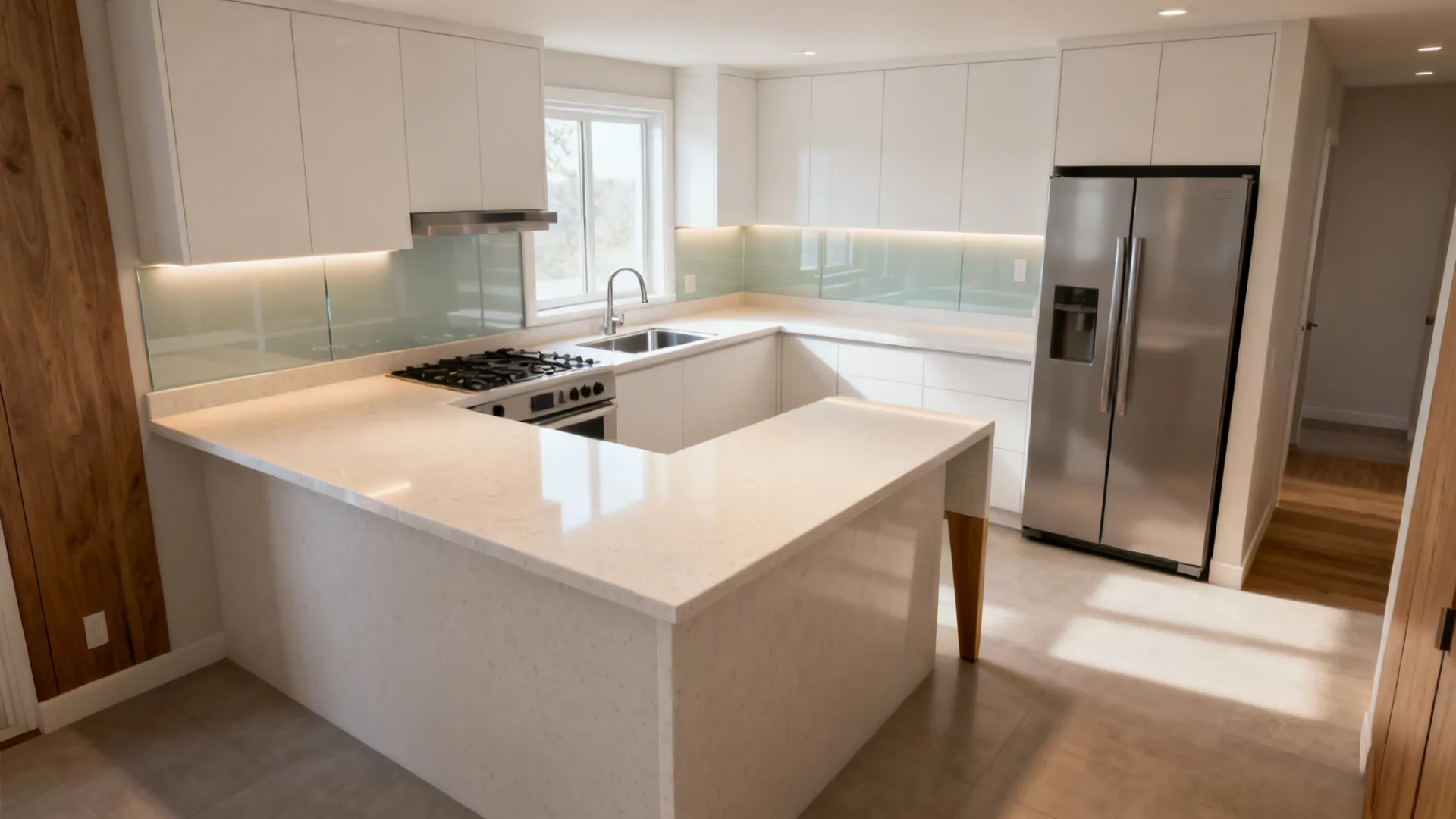 L-shaped 8x11 kitchen with a central sink, long prep counter, offset cooktop, and clear aisles.