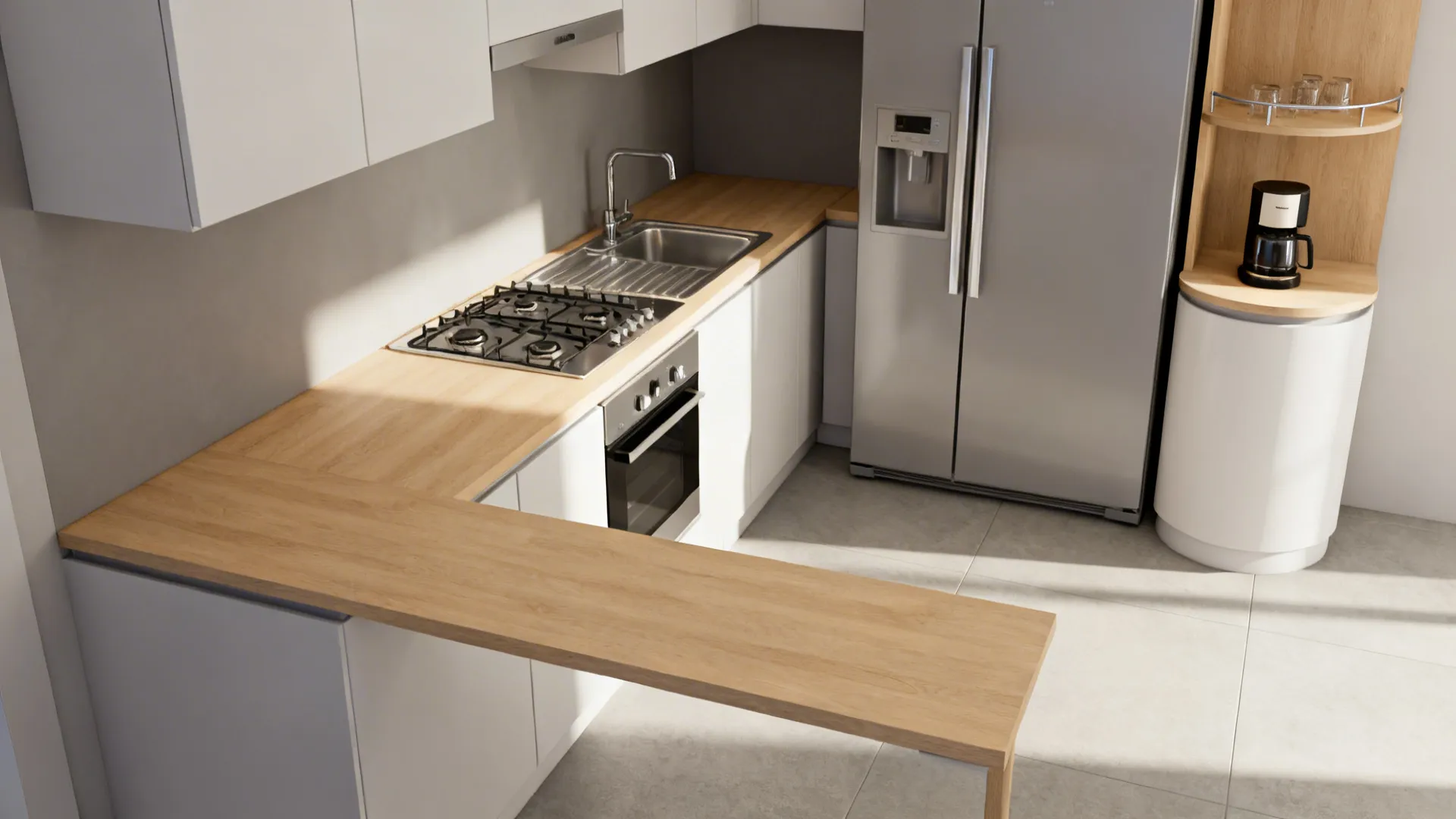 L-shaped kitchen layout with wood countertop sink gas stove oven silver fridge and coffee machine